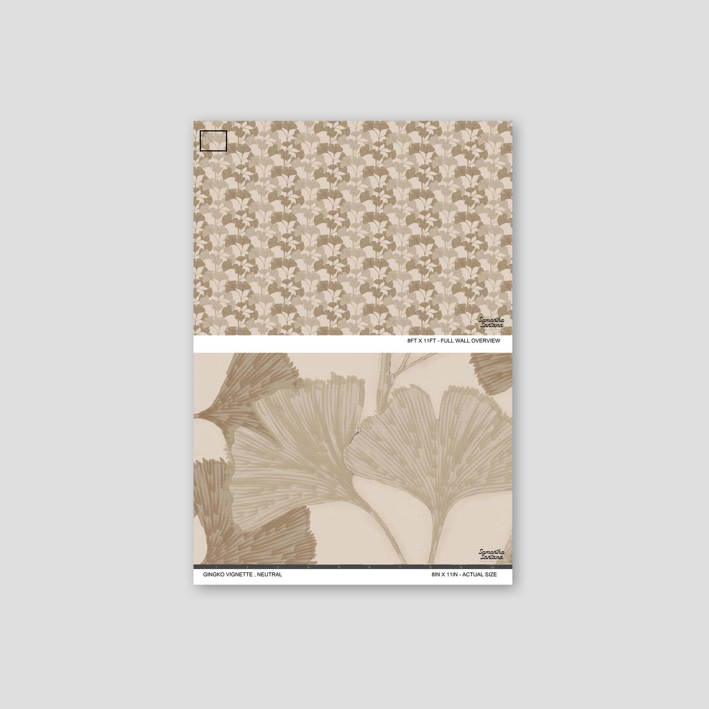 Neutral ginkgo leaf pattern wallpaper sample in earthy tones.