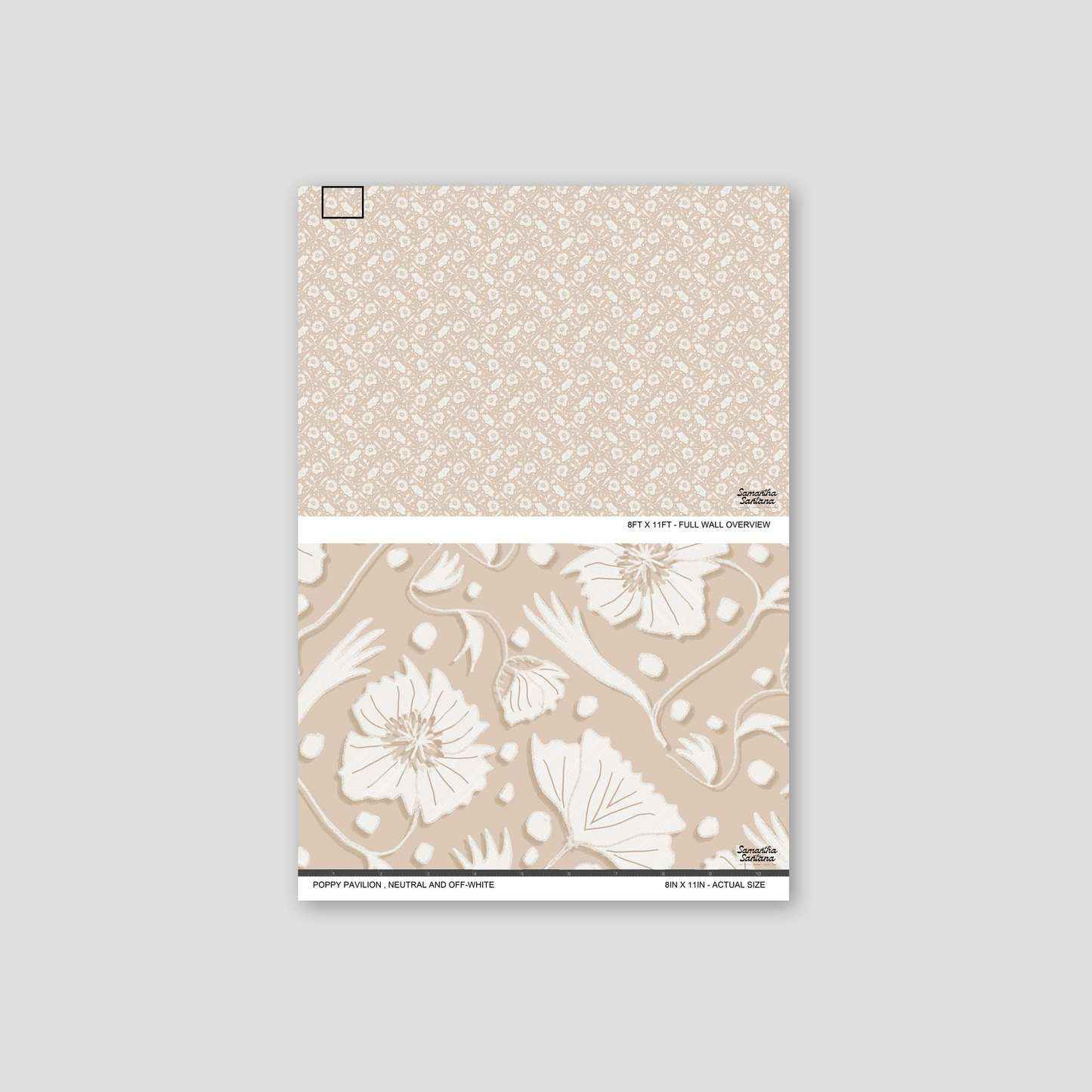 Neutral off-white floral Poppy Pavilion wallpaper sample with delicate botanical pattern.