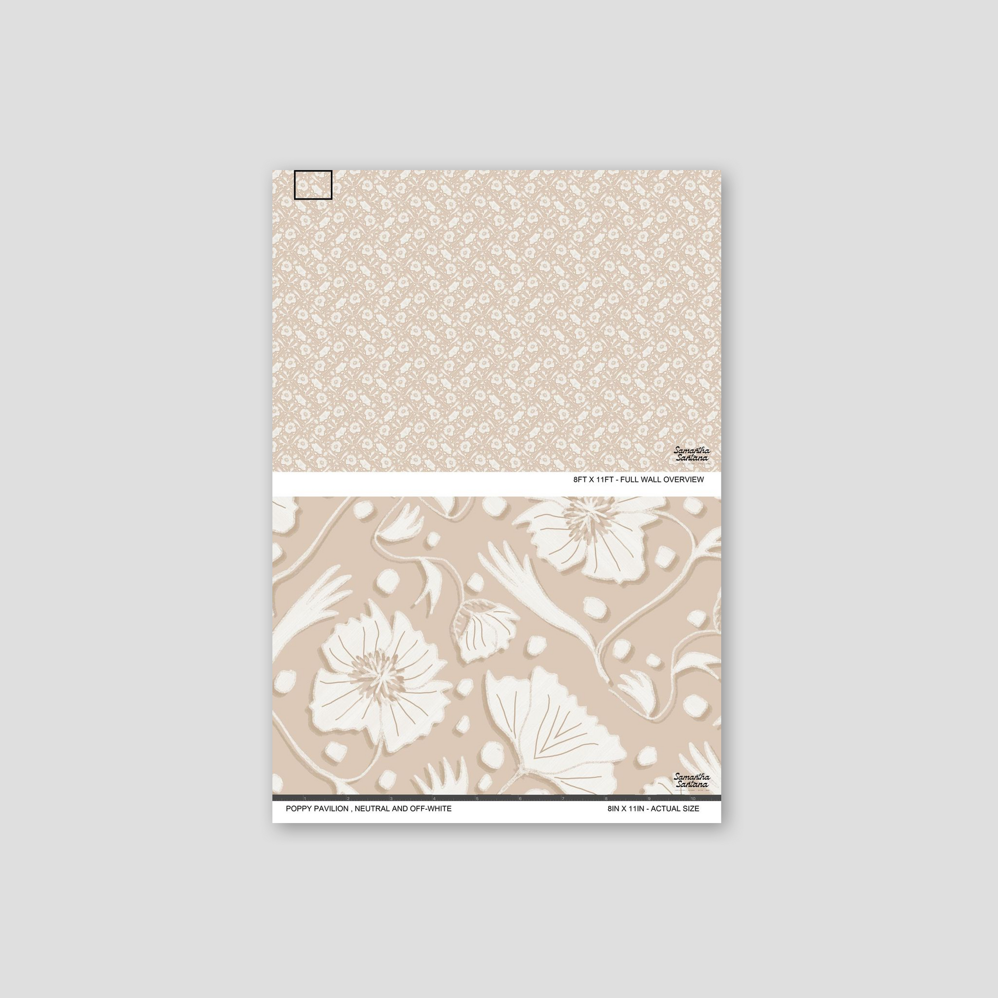 Neutral off-white floral Poppy Pavilion wallpaper sample with delicate botanical pattern.