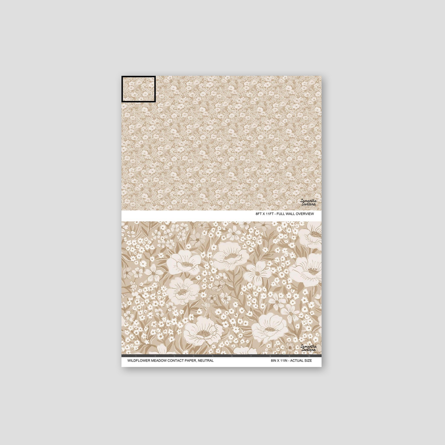 Neutral wildflower meadow contact paper, shelf liner with intricate floral pattern.