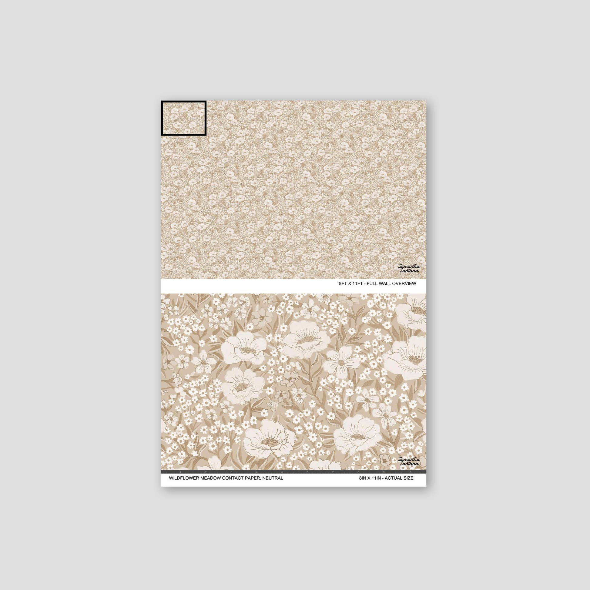 Neutral wildflower meadow contact paper, shelf liner with intricate floral pattern.