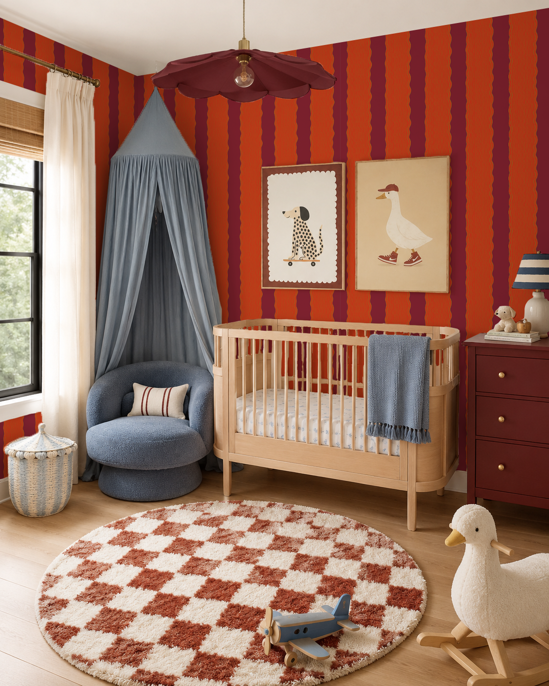 Rio Ripple Wallpaper, deep fuchsia and poppy red