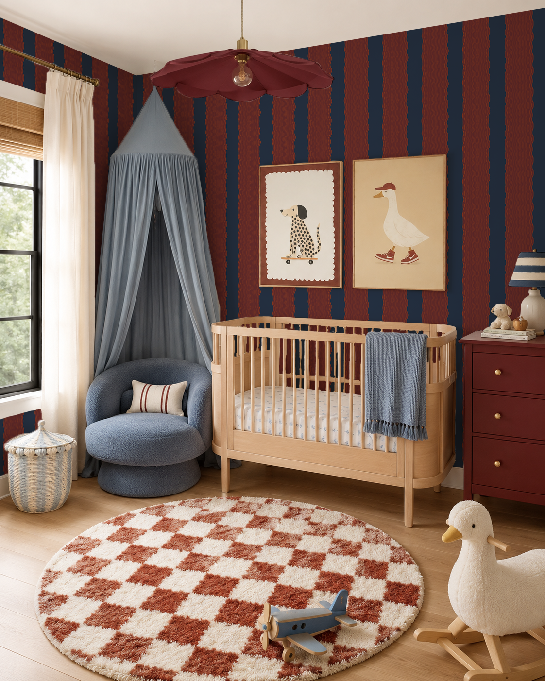 Rio Ripple Wallpaper, navy and fig