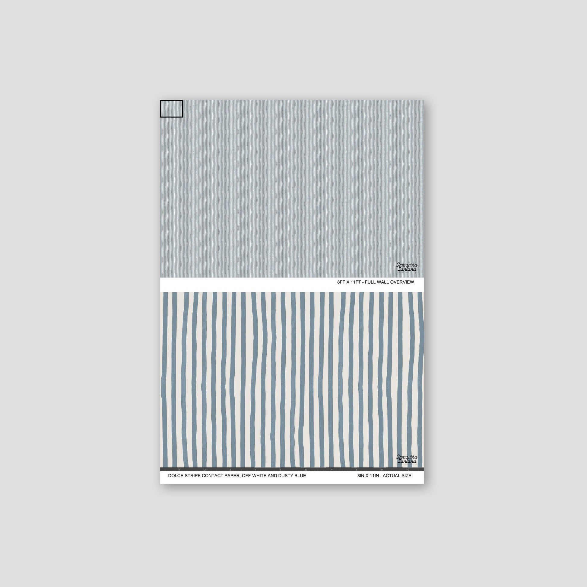 Off-white and dusty blue striped contact paper, shelf liner sample with textured pattern.