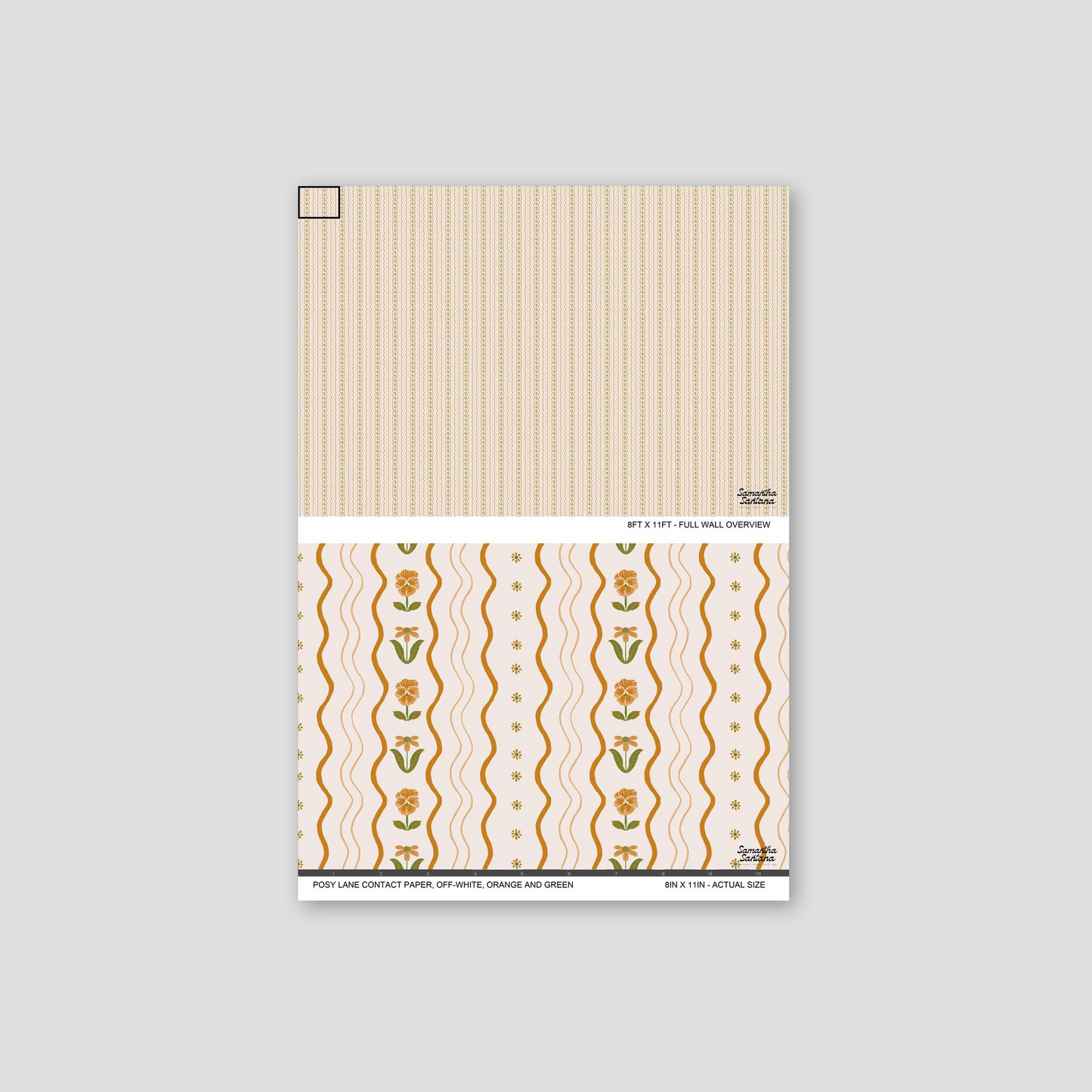 Off-white contact paper, shelf liner with orange and green floral and wavy patterns.