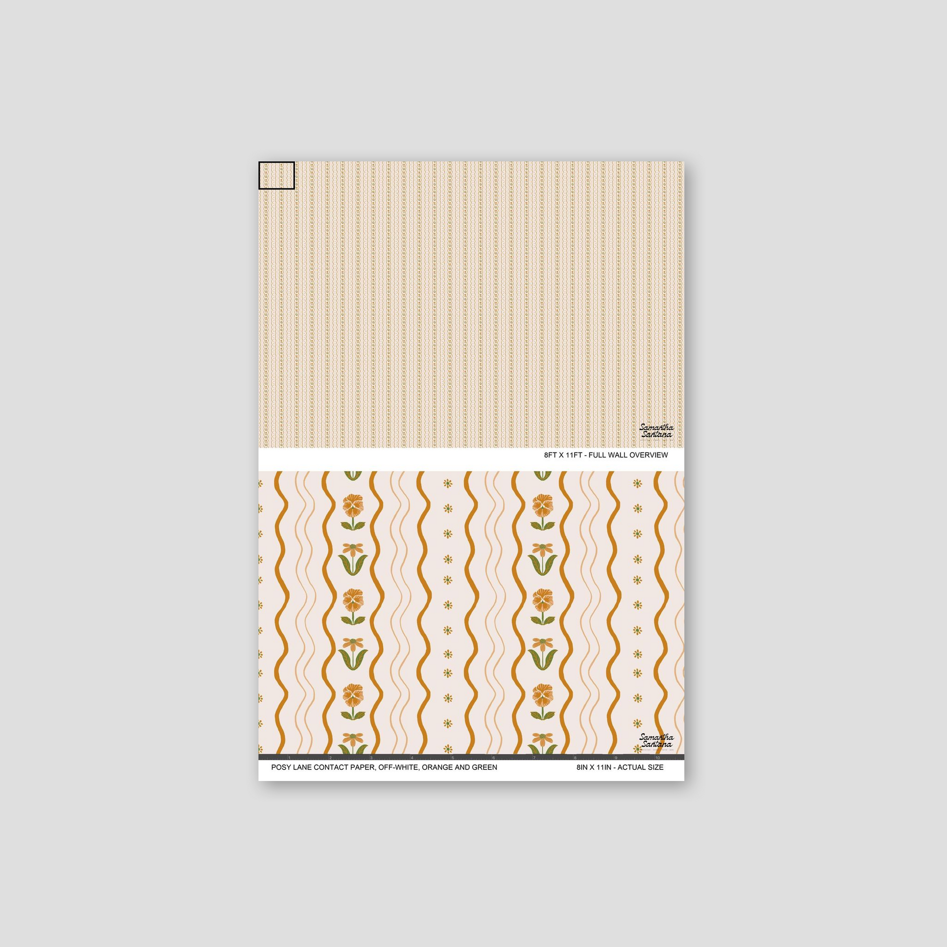Off-white contact paper, shelf liner with orange and green floral and wavy patterns.