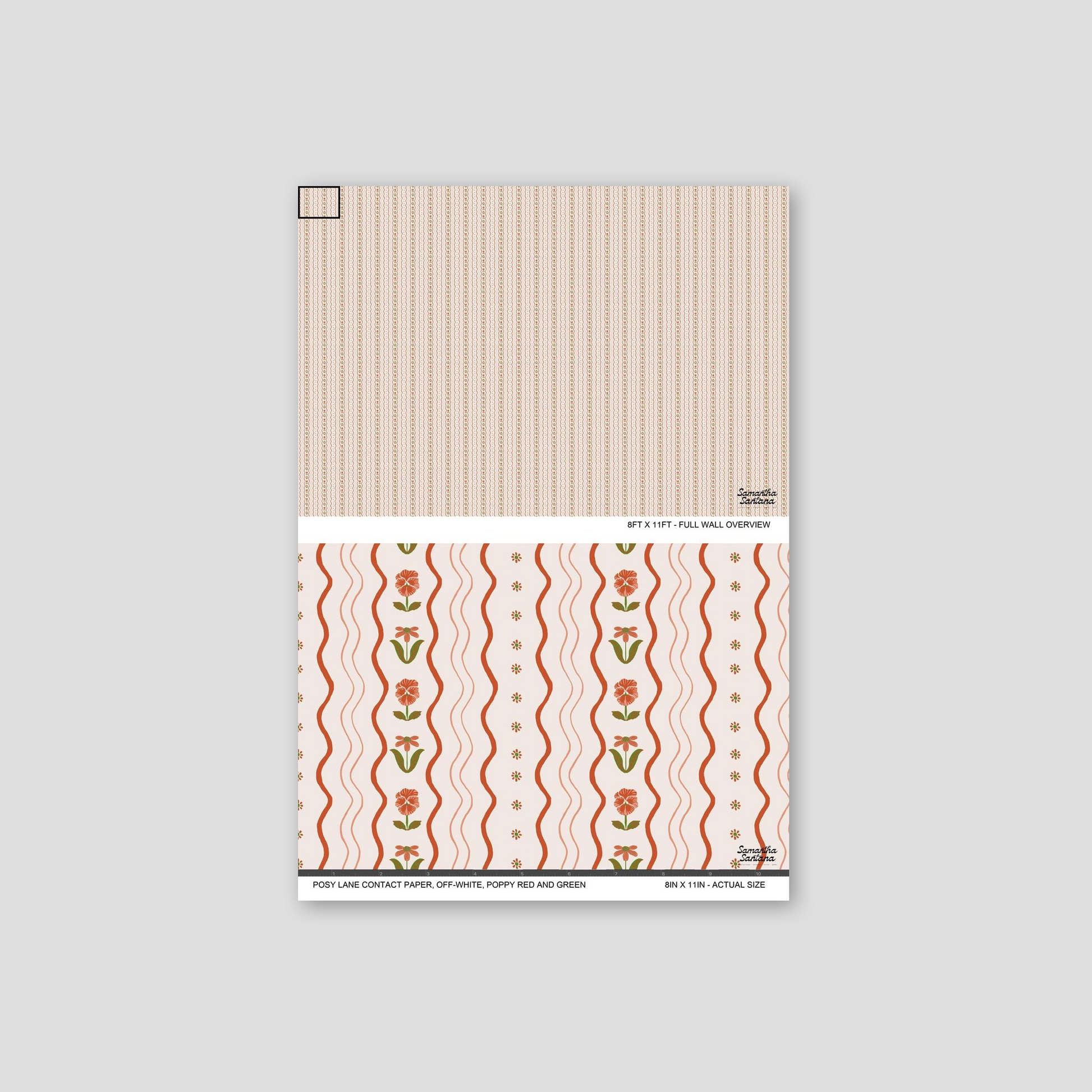 Off-white contact paper, shelf liner with poppy red and green floral and wavy patterns.