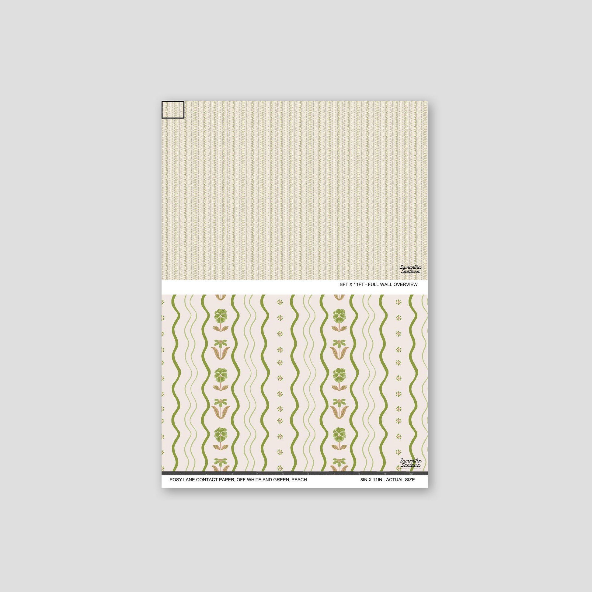 Off-white contact paper, shelf liner with green and peach floral patterns and curvy lines.