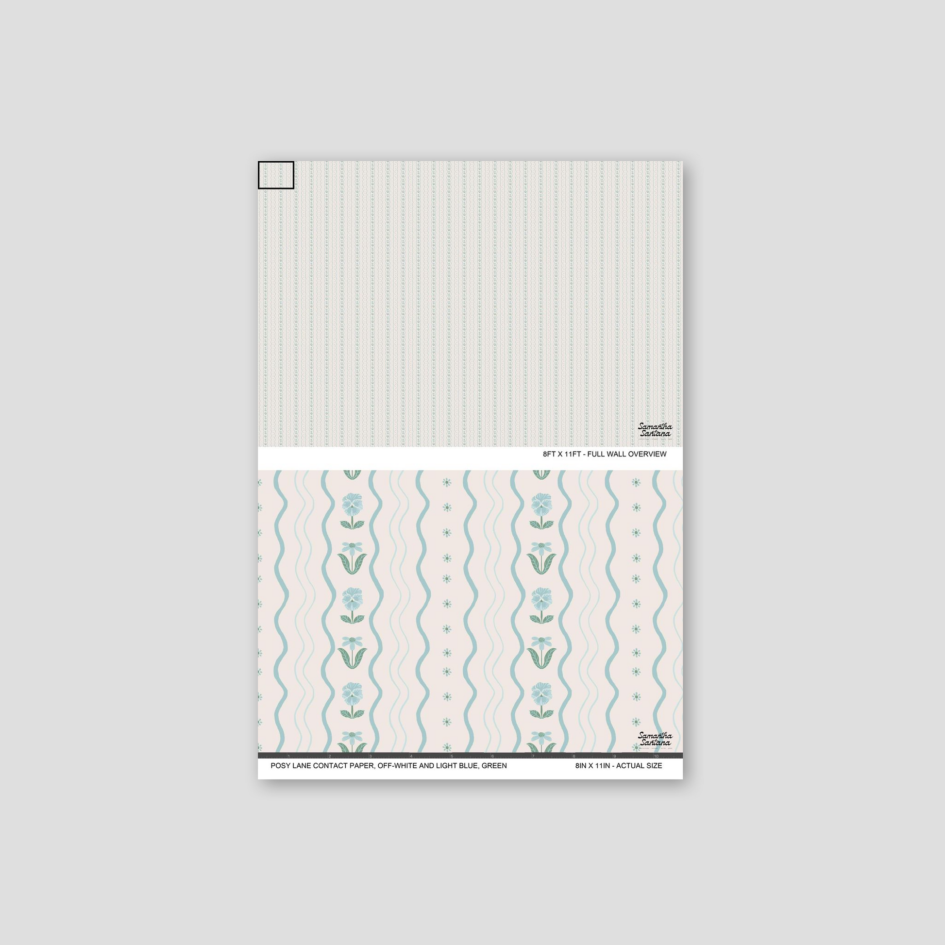 Off-white and light blue floral contact paper, shelf liner with wavy lines, serene design.