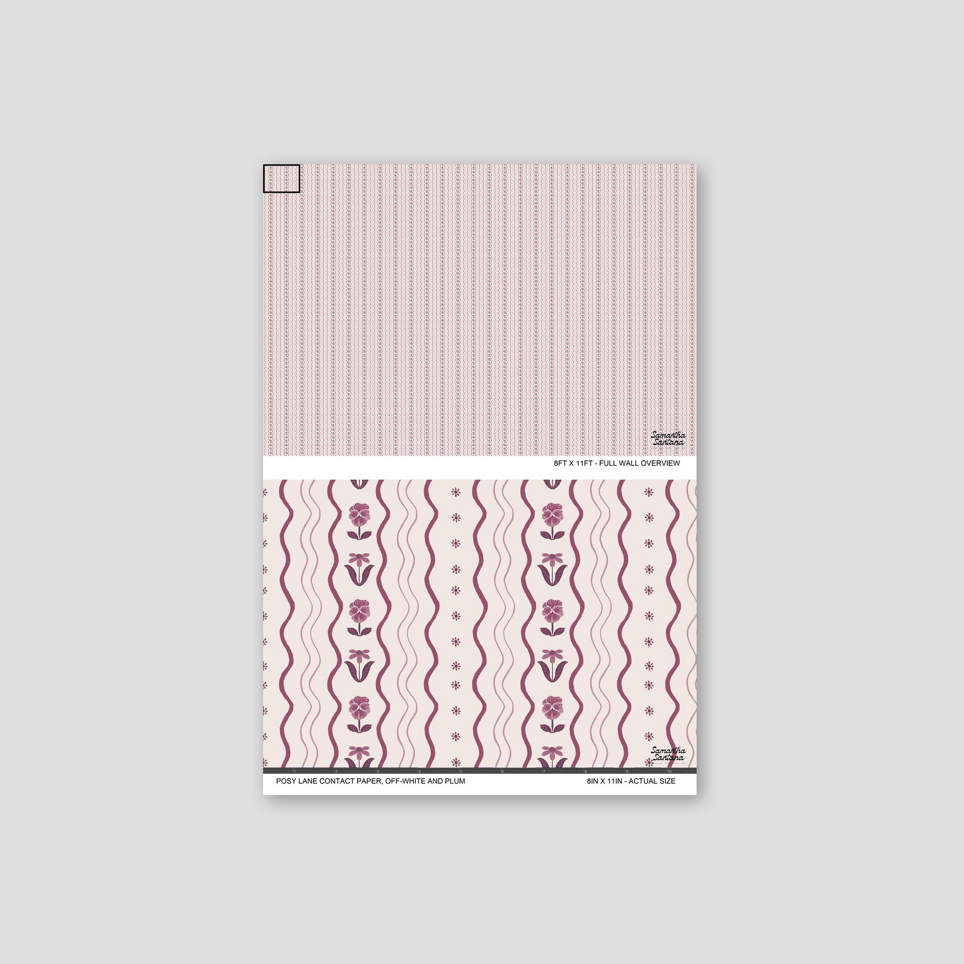 Off-white and plum floral wavy contact paper, shelf liner pattern sample.