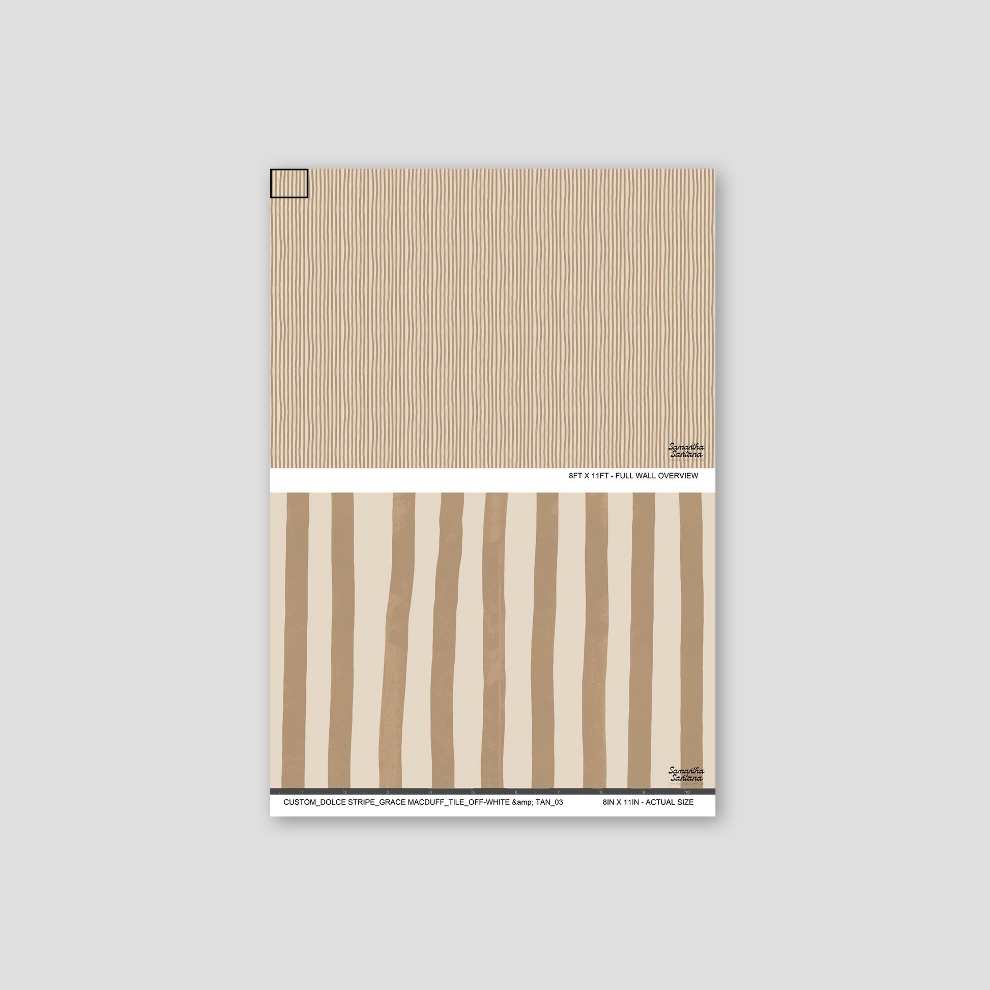Off-white and tan striped wallpaper sample with geometric pattern