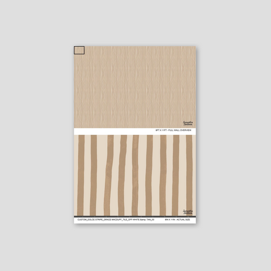 Off-white and tan striped wallpaper sample with geometric pattern