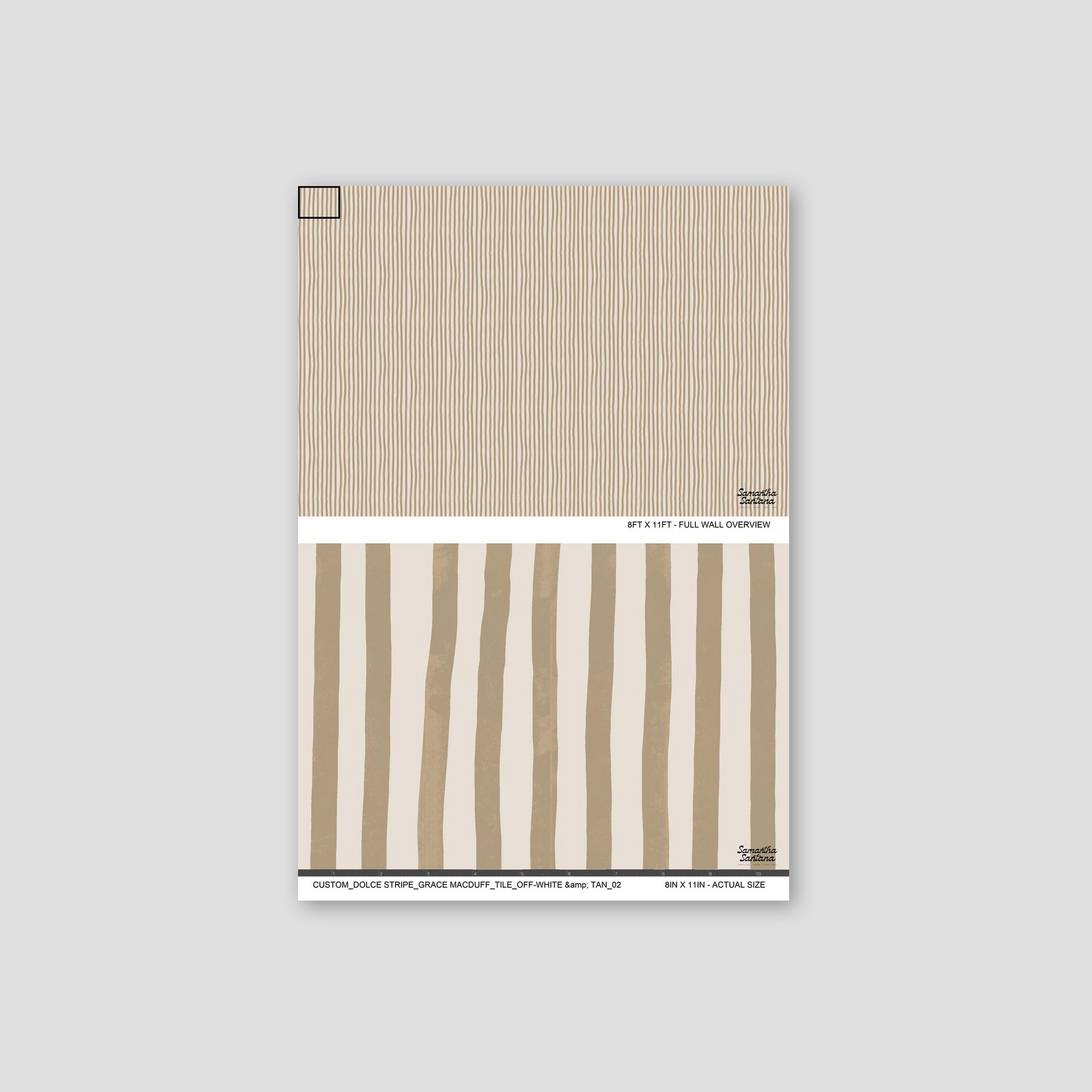 Off-white and tan striped wallpaper sample with vertical lines in a minimal style.