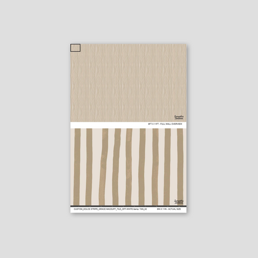 Off-white and tan striped wallpaper sample with vertical lines in a minimal style.