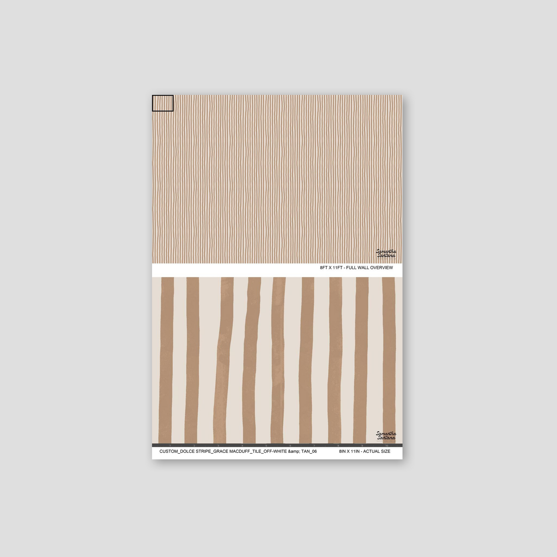 Off-white and tan striped wallpaper sample with vertical lines, minimalist design.