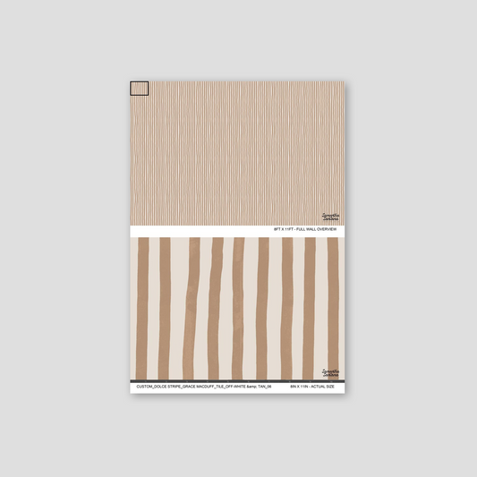 Off-white and tan striped wallpaper sample with vertical lines, minimalist design.