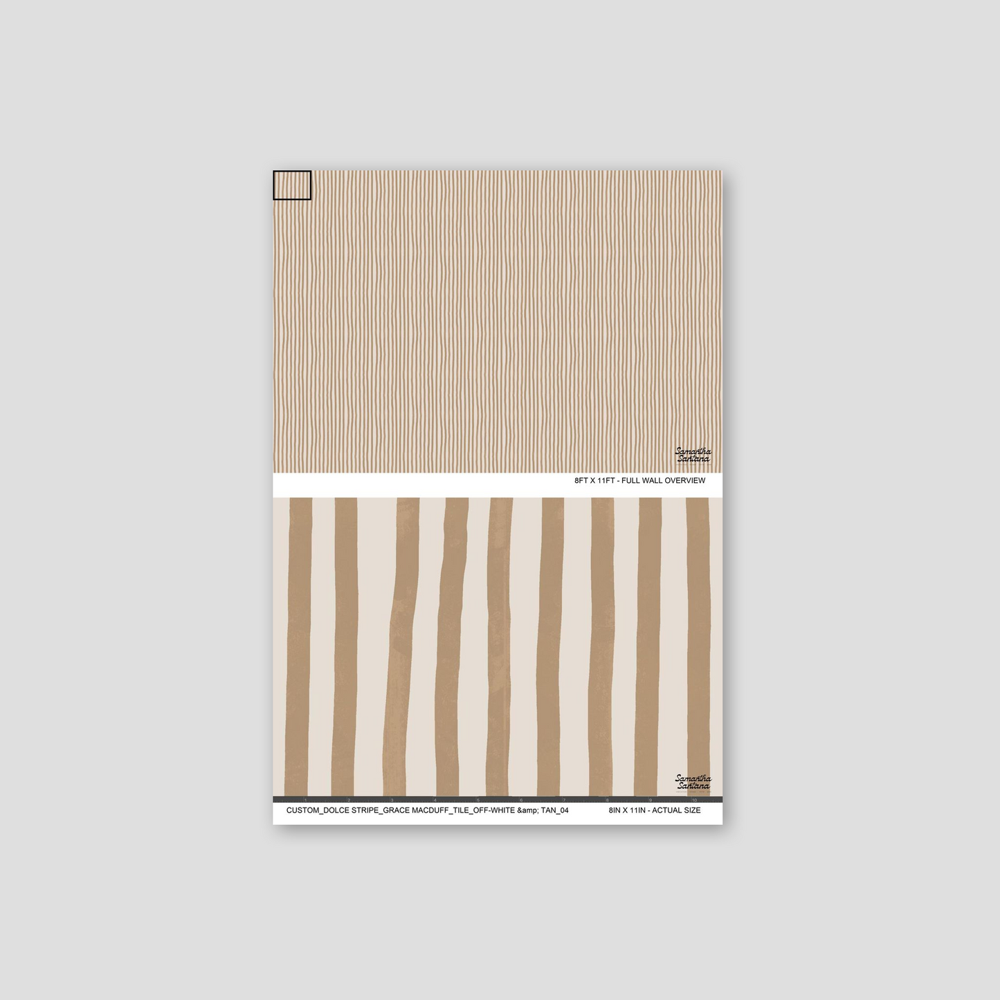 Off-white and tan striped wallpaper sample with subtle vertical lines.