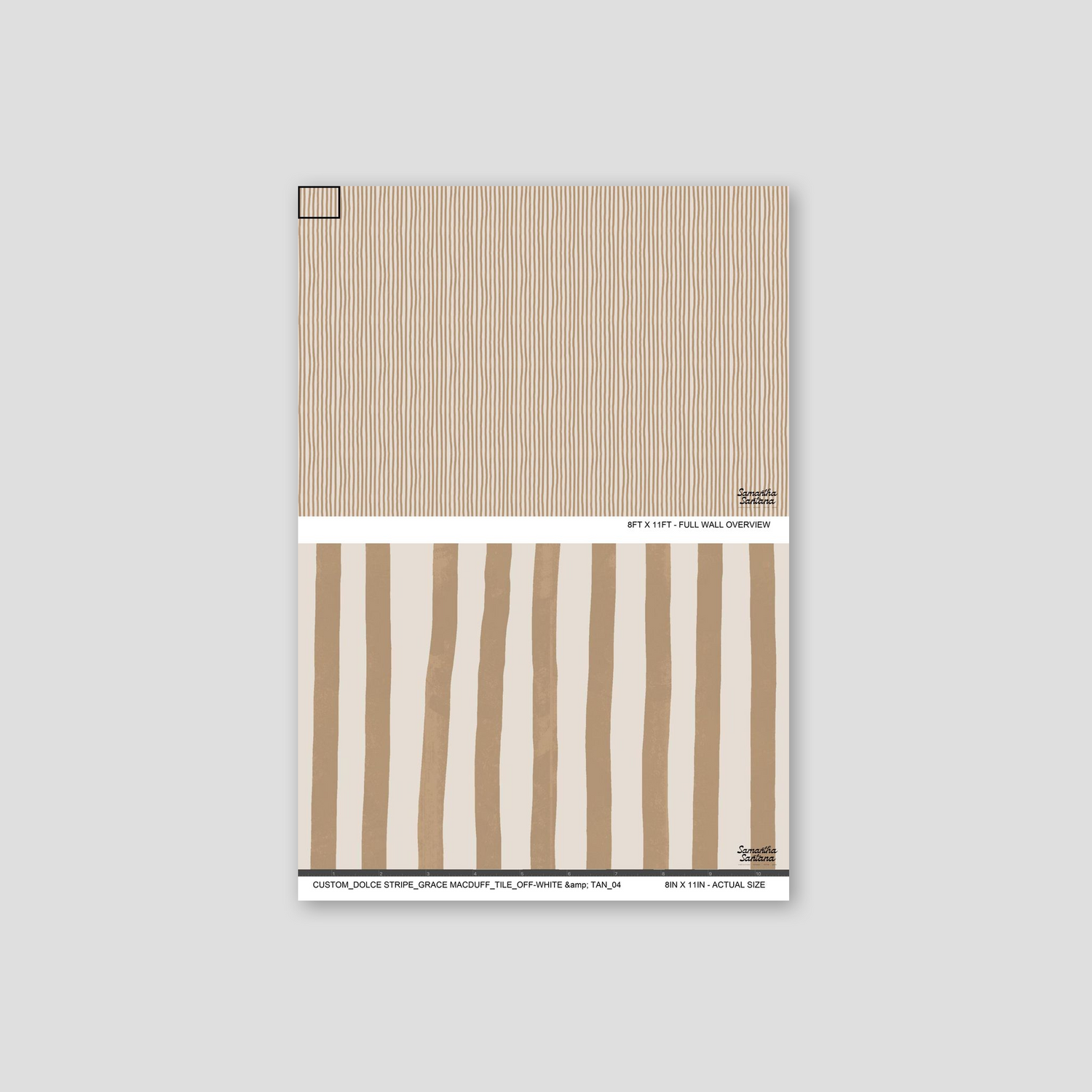 Off-white and tan striped wallpaper sample with subtle vertical lines.