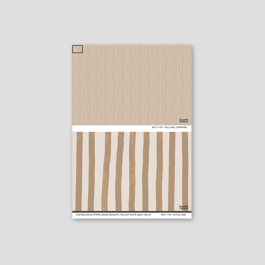 Off-white and tan striped wallpaper sample with subtle vertical lines.