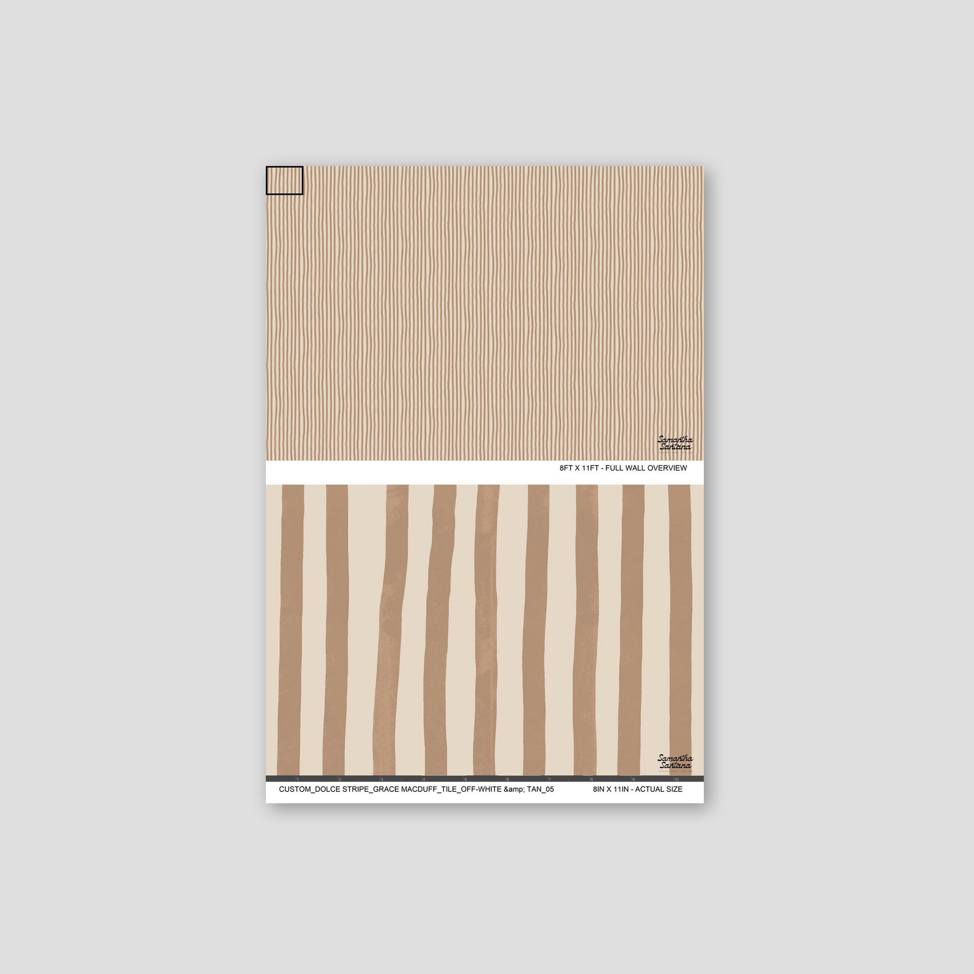 Off-white and tan wavy stripe wallpaper sample showcasing modern minimal design.