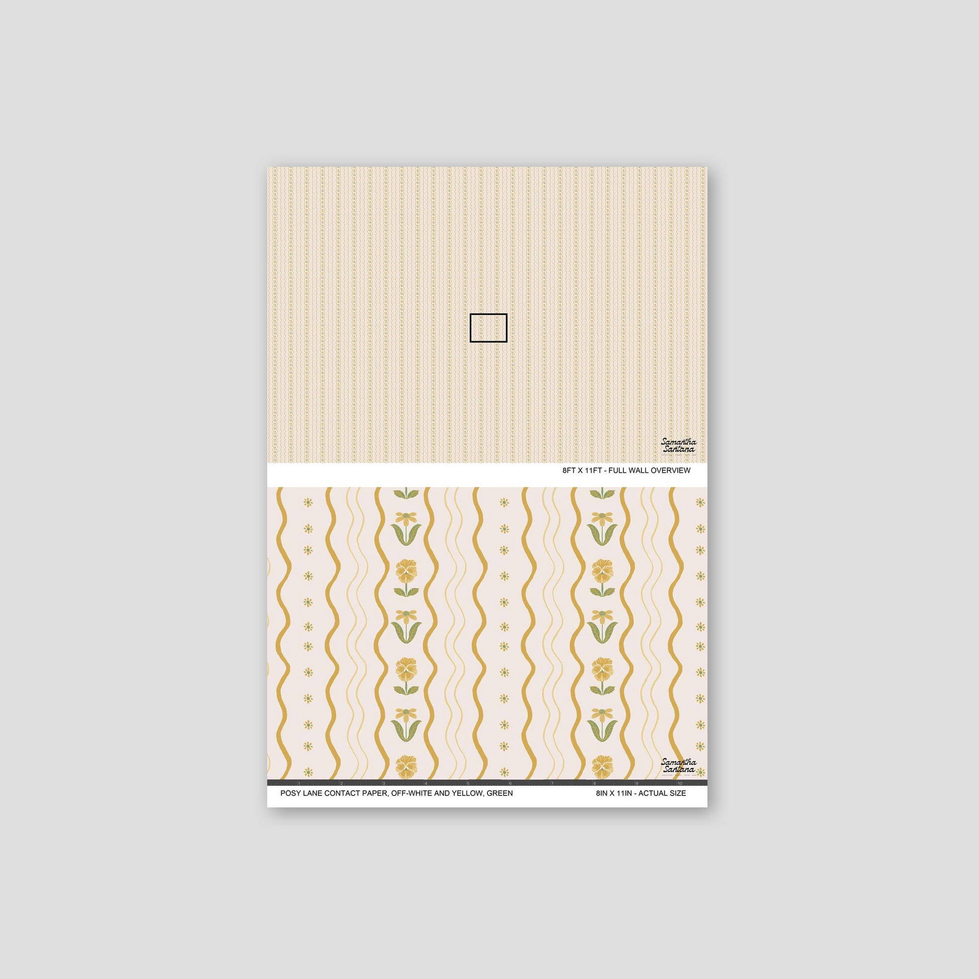 Off-white and yellow floral contact paper, shelf liner with green accents and curvy lines.