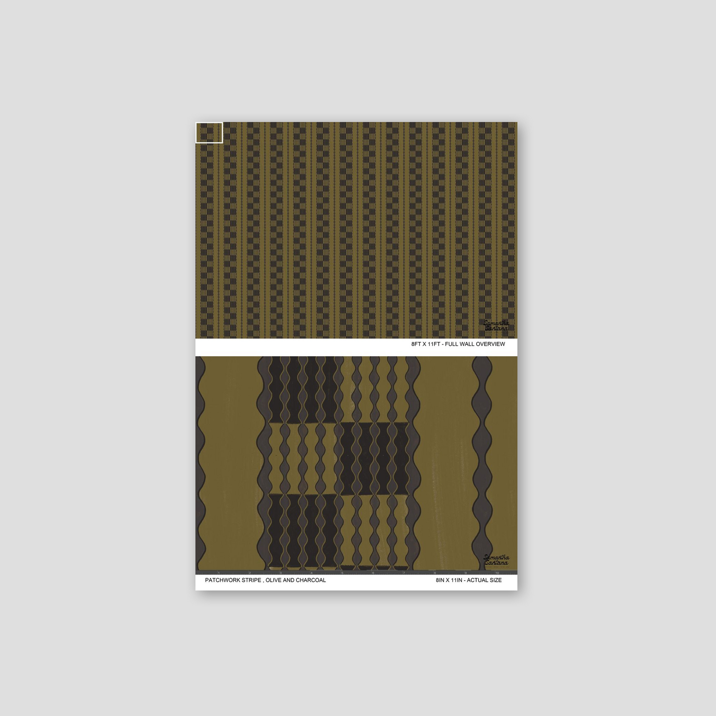 Olive and charcoal patchwork stripe wallpaper with geometric wave pattern.
