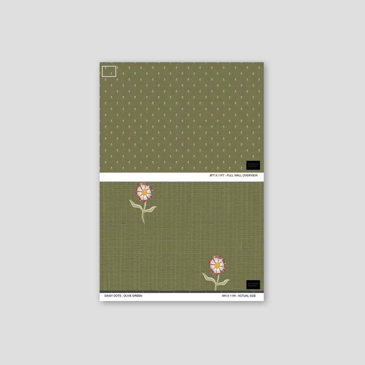 Olive green wallpaper with delicate floral motifs and textured finish.