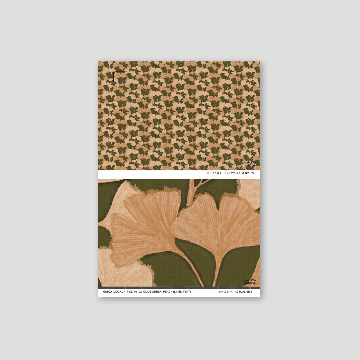 Olive green wallpaper with peach ginkgo leaves, botanical pattern.