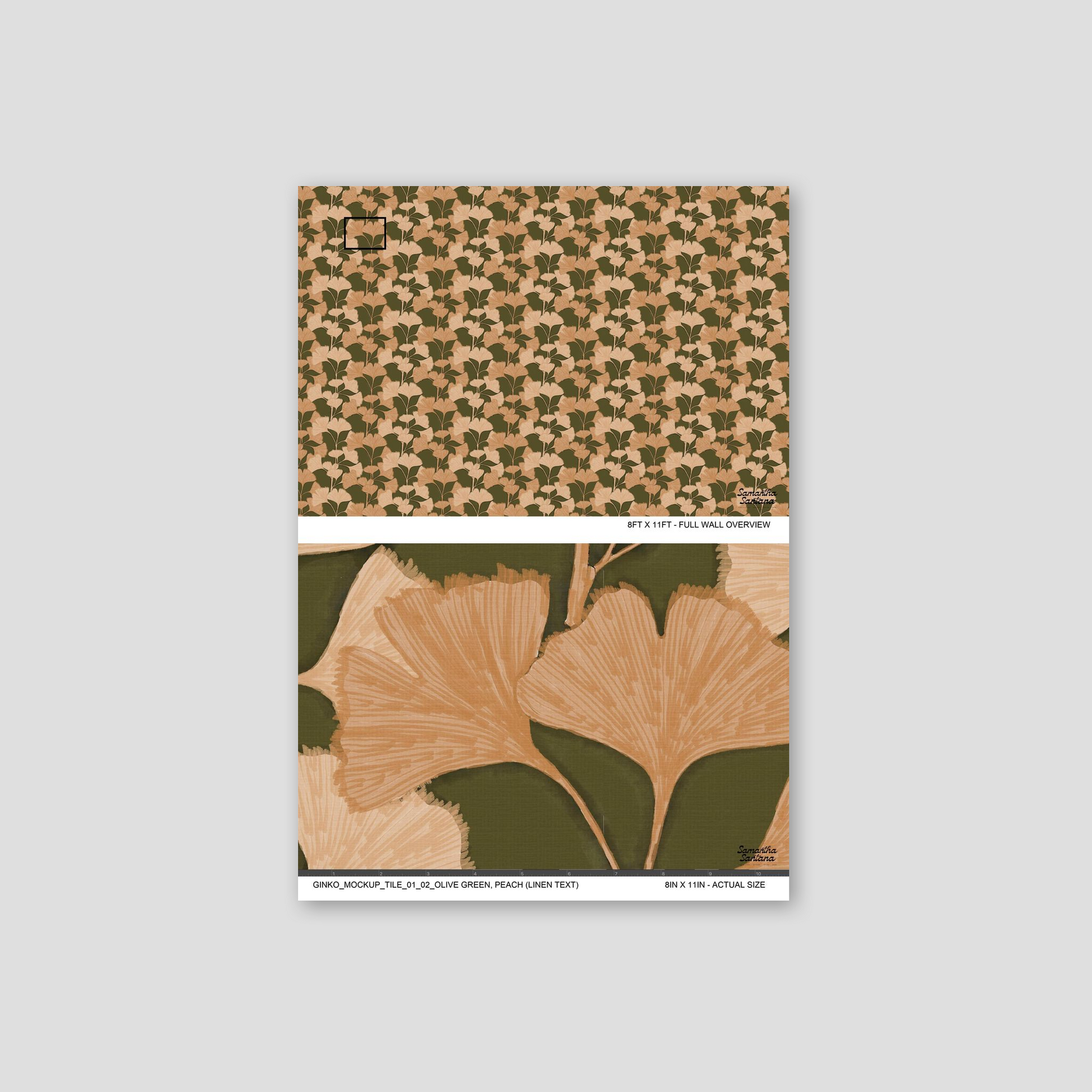 Olive green wallpaper with peach ginkgo leaves, botanical pattern.