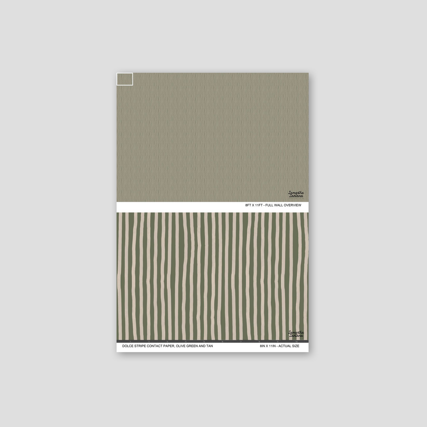 Olive green and tan striped contact paper, shelf liner sample with organic pattern.