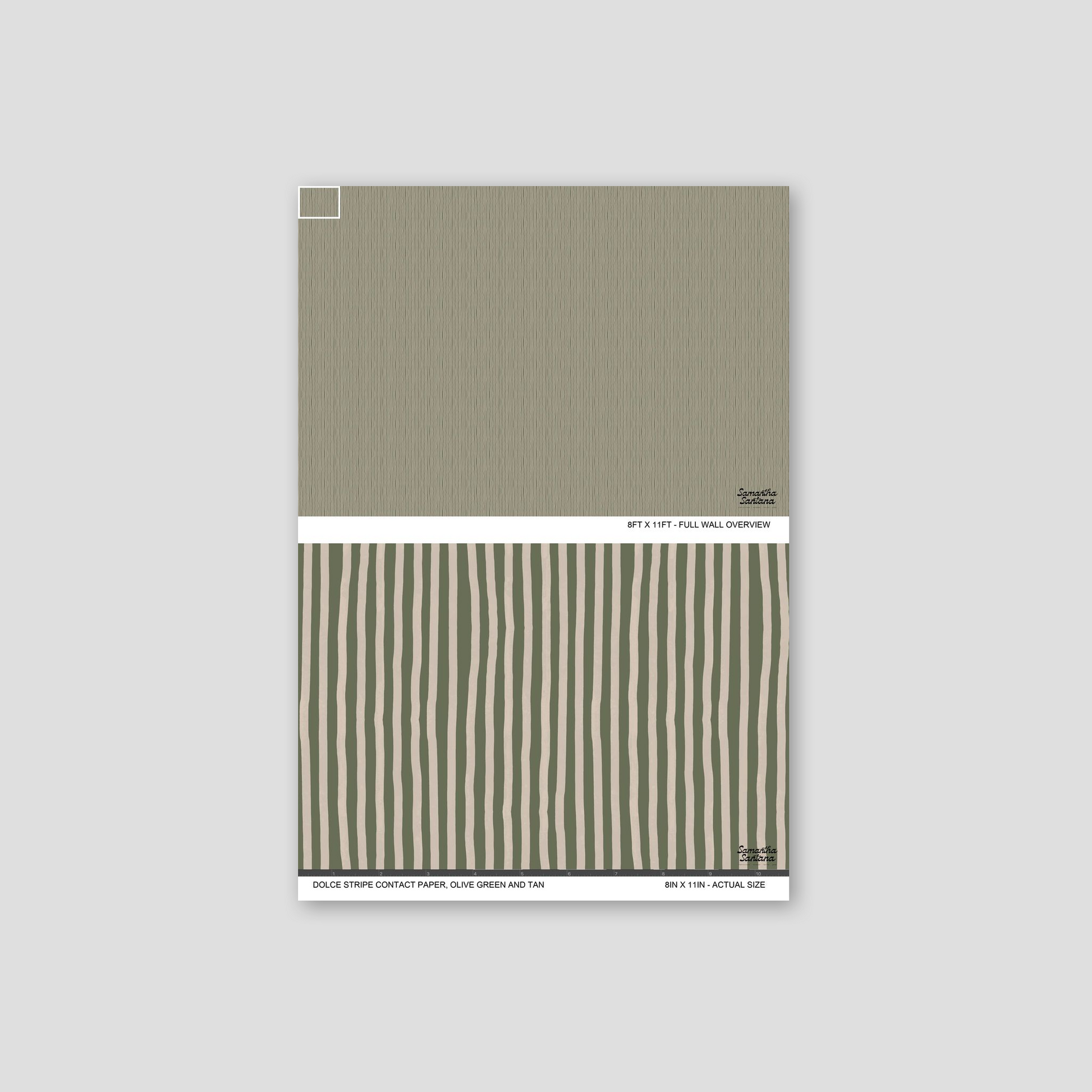 Olive green and tan striped contact paper, shelf liner sample with organic pattern.