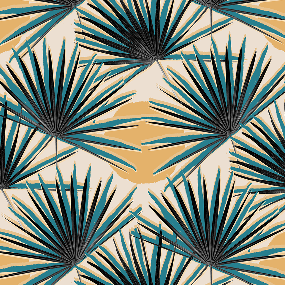 Palm Deco Wallpaper, blue & orange