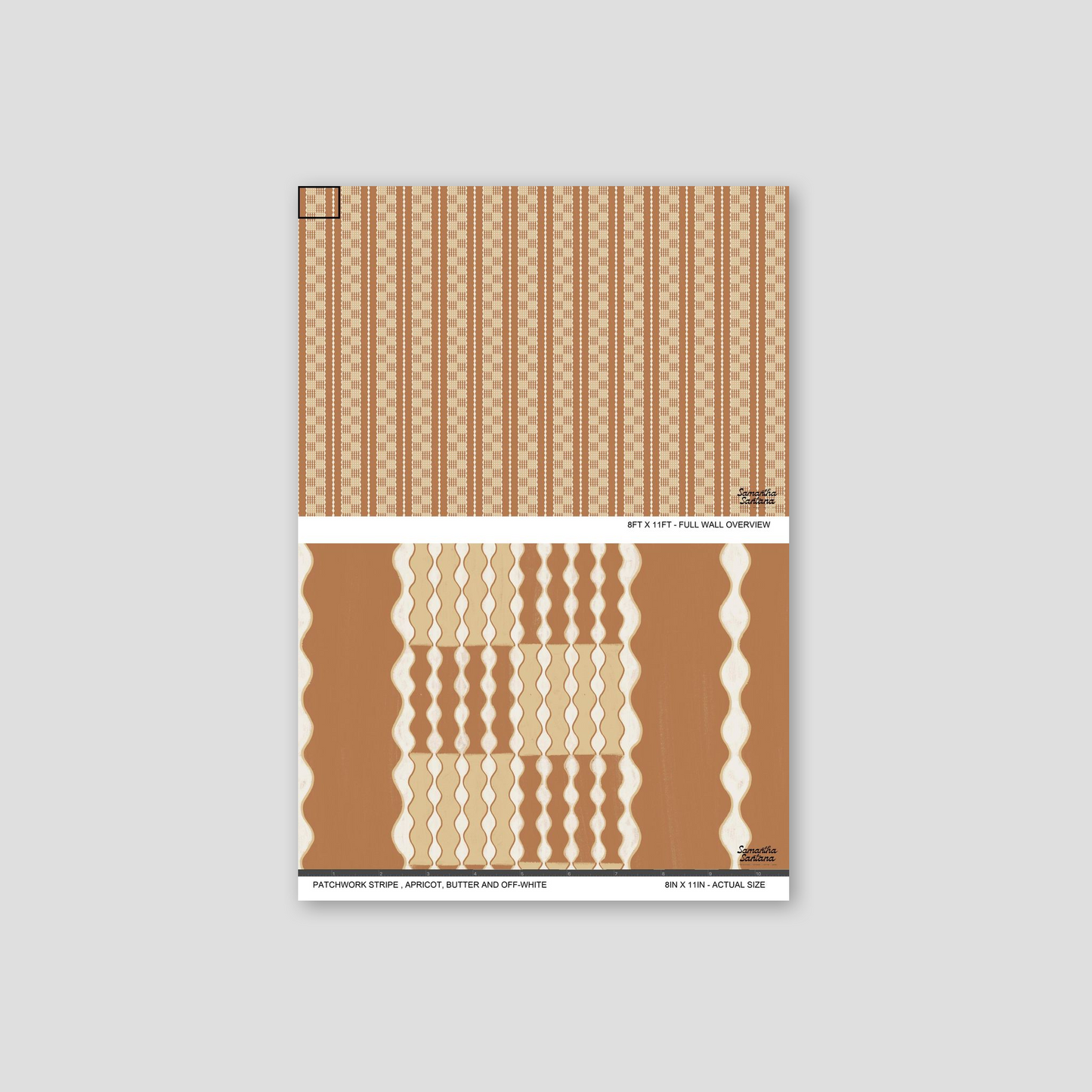 Patchwork stripe wallpaper in apricot, butter, and off-white with wavy geometric pattern.