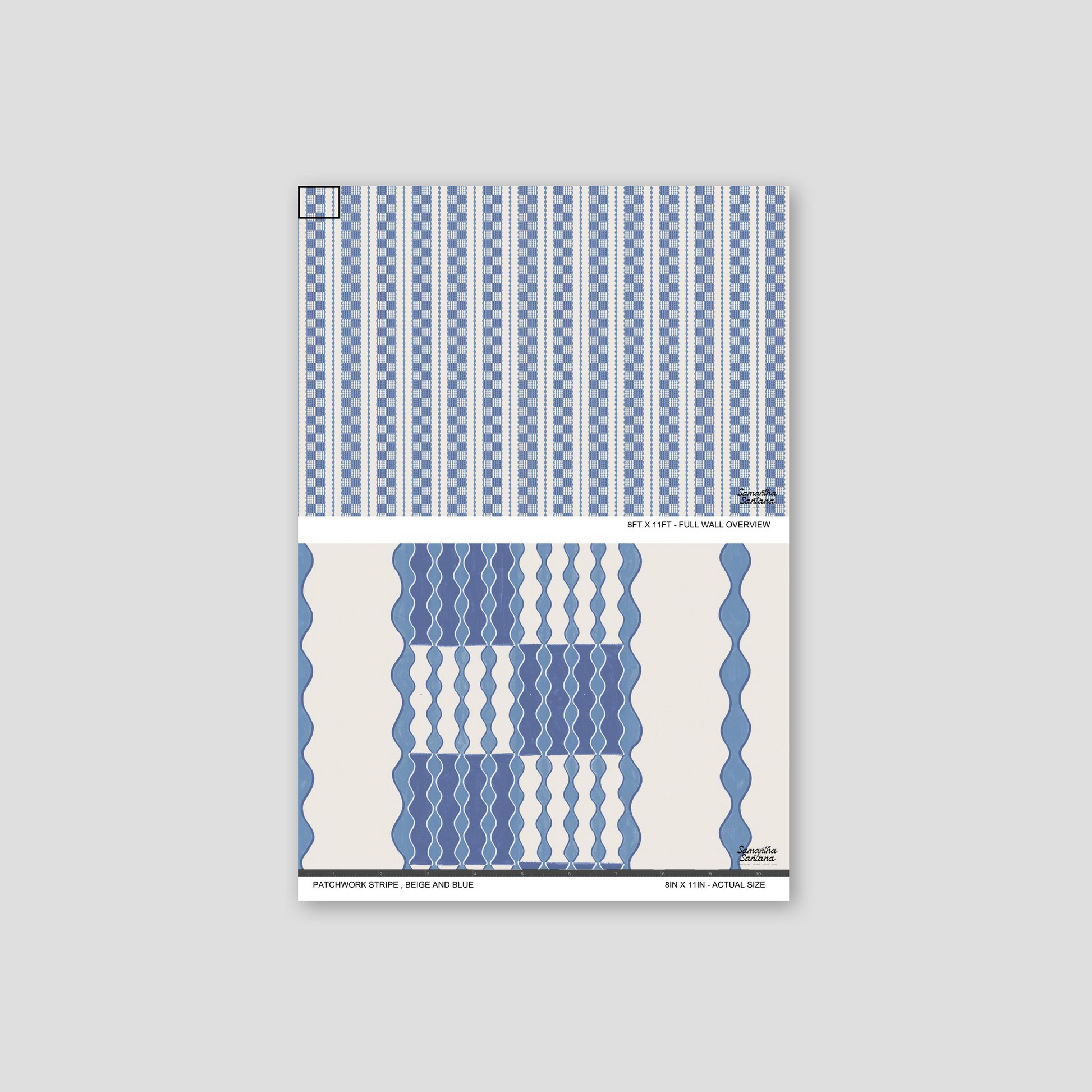 Patchwork Stripe Wallpaper in beige and blue with wavy geometric pattern.