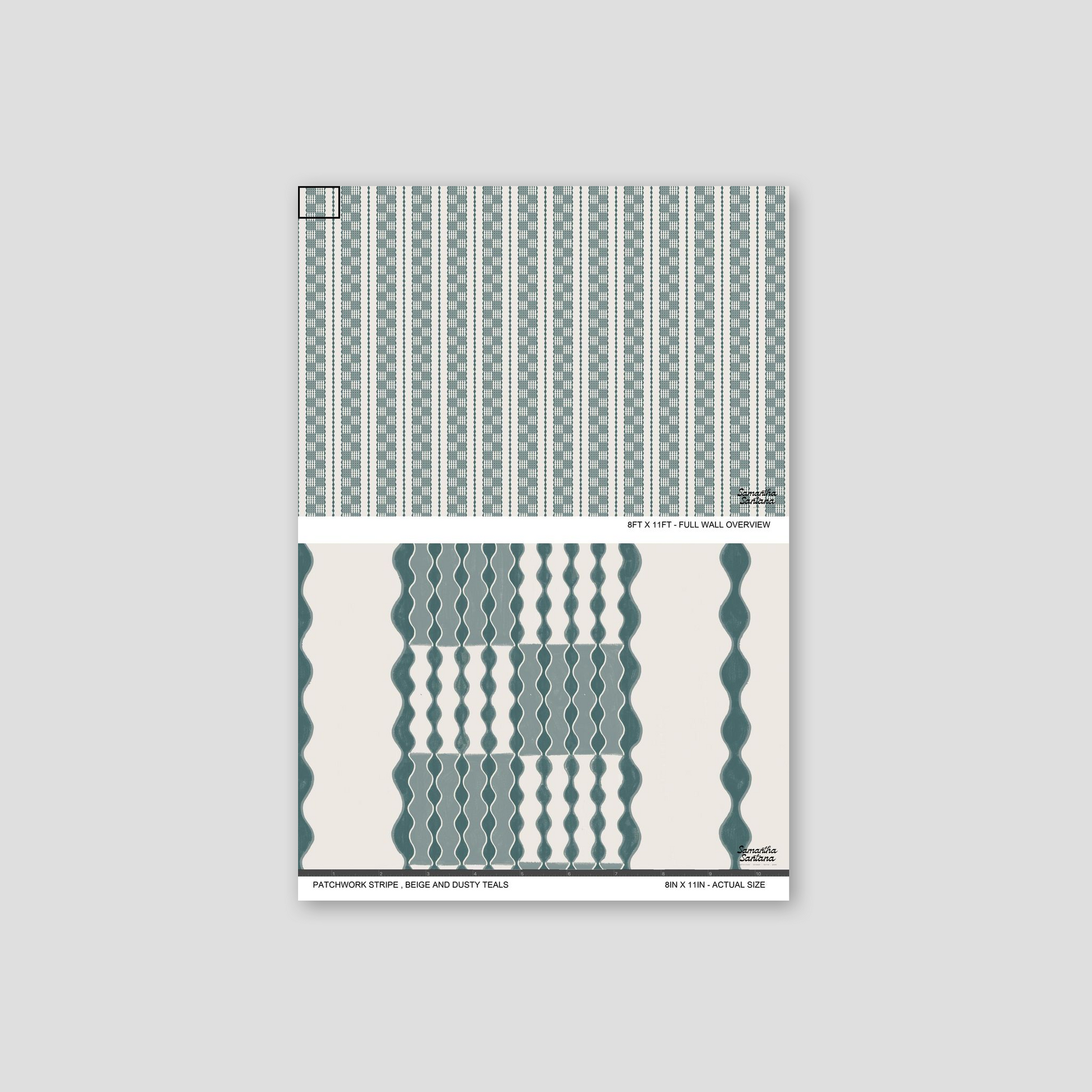 Patchwork Stripe Wallpaper with beige and dusty teal wavy stripes pattern sample.
