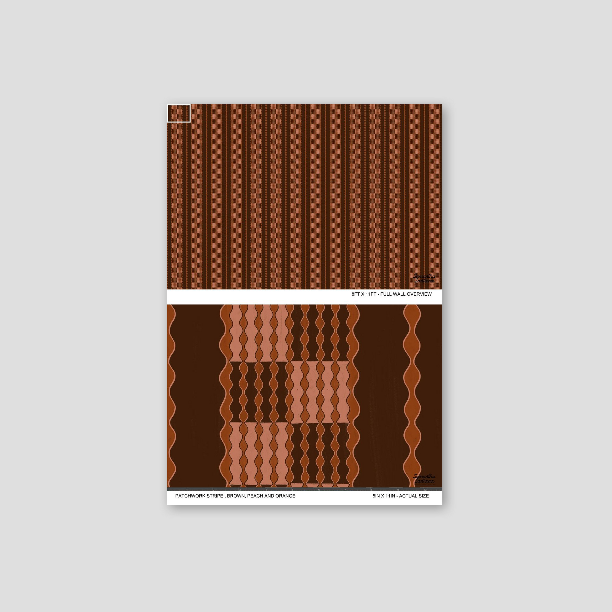 Patchwork stripe wallpaper in brown, peach, and orange with geometric wave pattern.