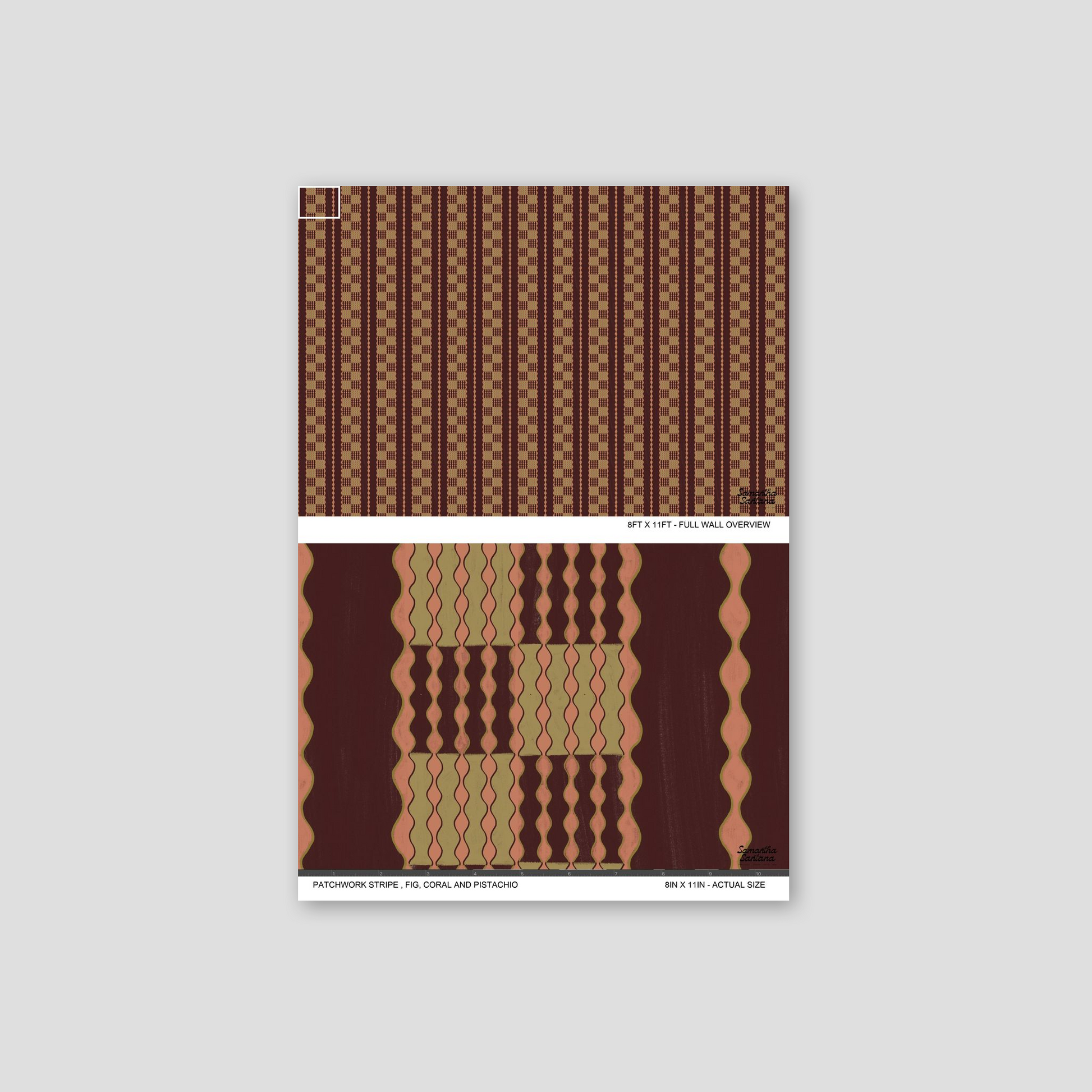 Patchwork stripe wallpaper with fig, coral, and pistachio wavy geometric pattern.