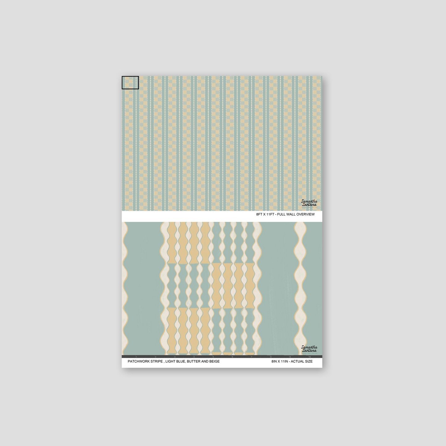 Patchwork Stripe wallpaper in light blue, butter, beige with geometric patterns.
