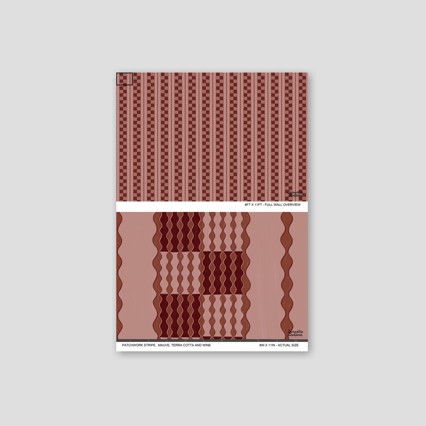 Patchwork stripe wallpaper in mauve, terra cotta, and wine with geometric pattern.