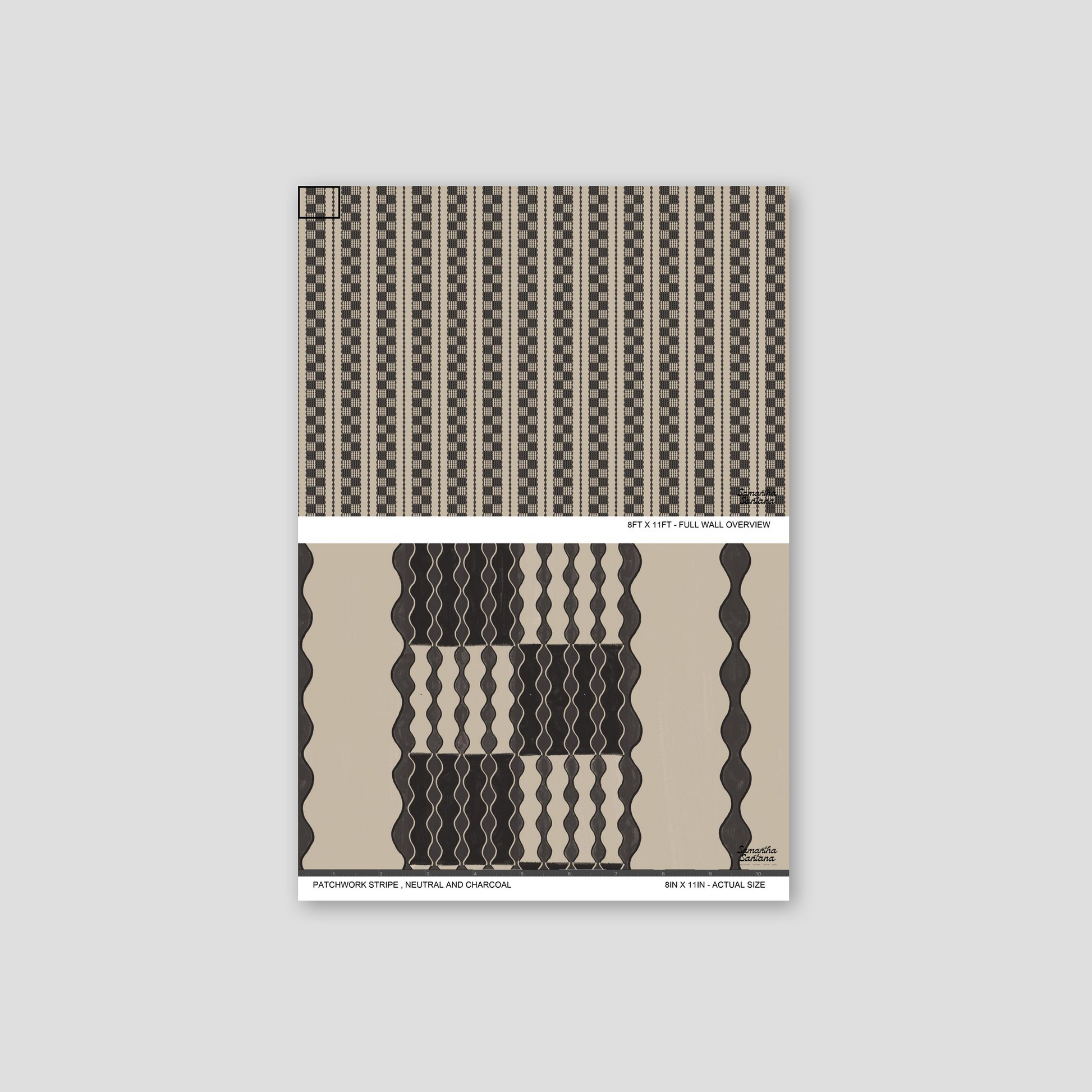 Patchwork Stripe Wallpaper in neutral and charcoal with geometric vertical stripes.