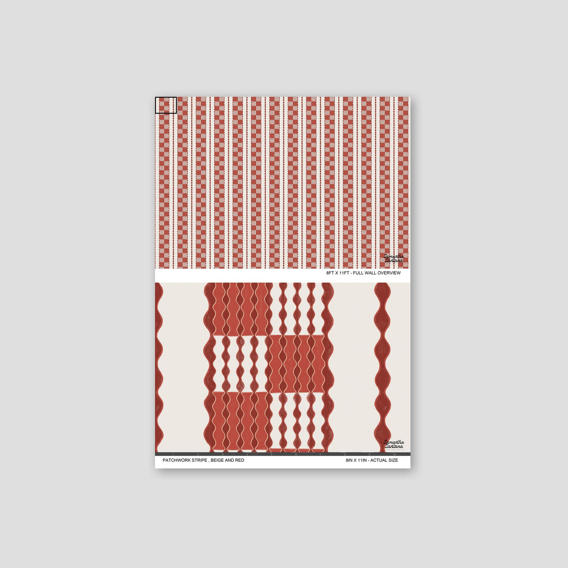 Patchwork Stripe Wallpaper with red wavy vertical stripes on beige background.