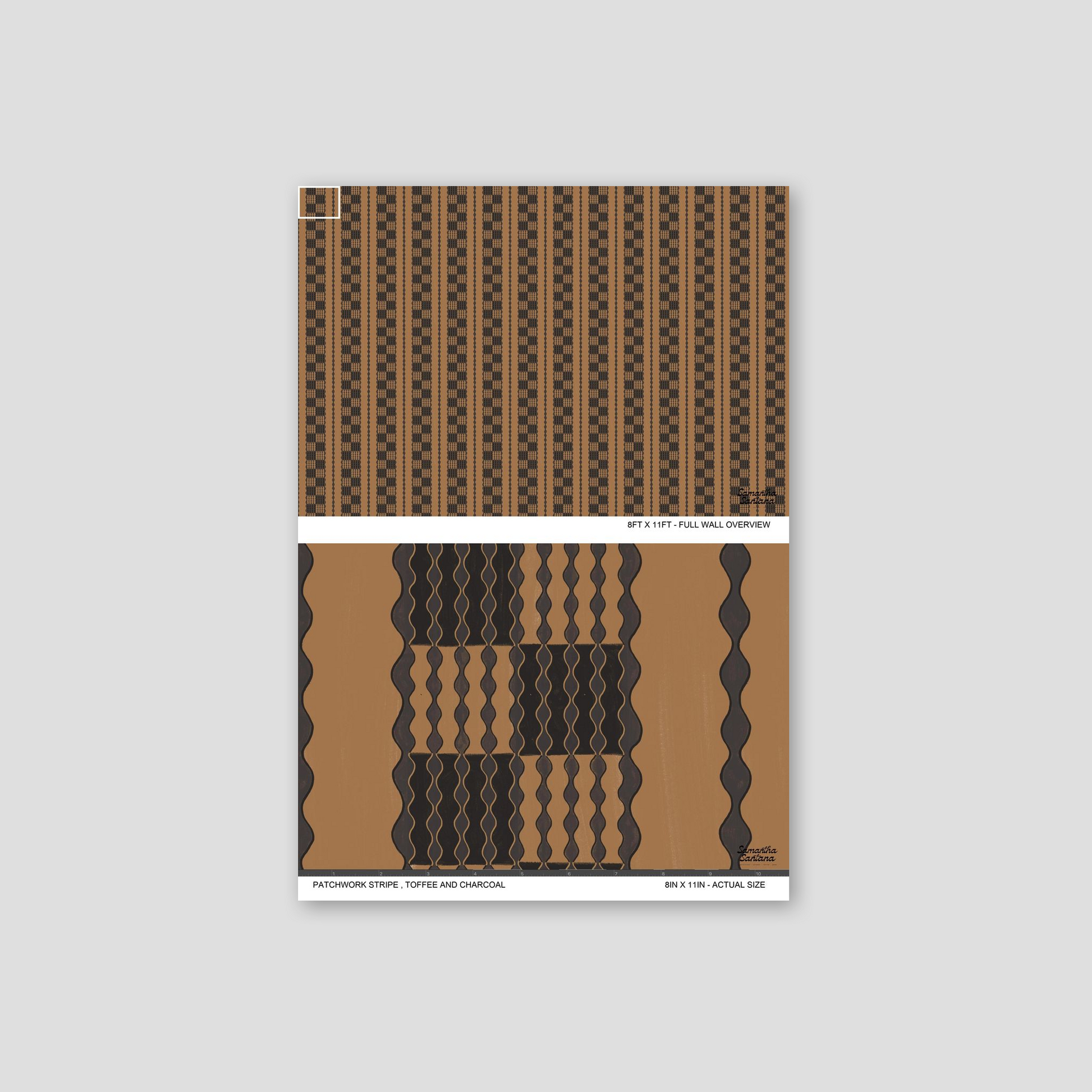 Patchwork Stripe wallpaper in toffee and charcoal with geometric patterns.