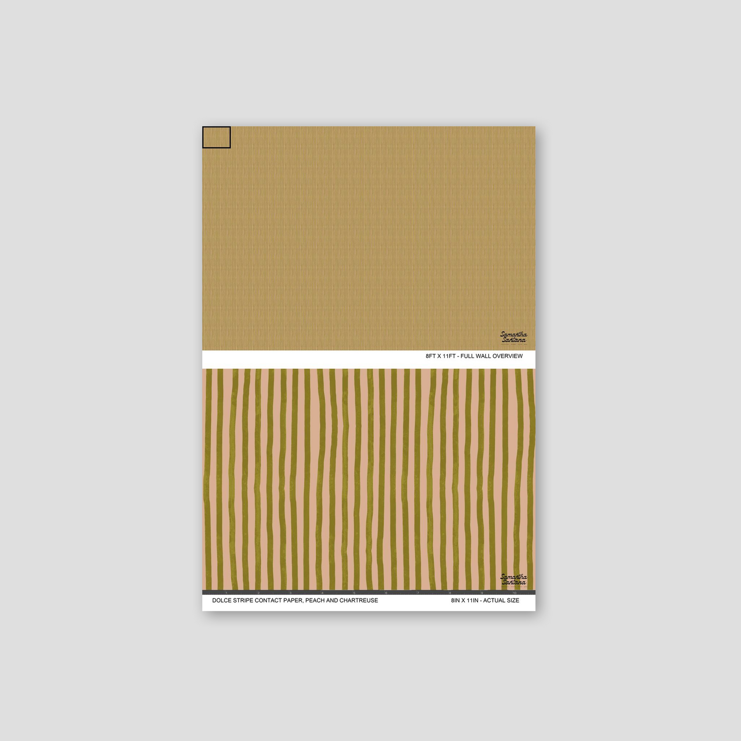 Peach and chartreuse striped contact paper, shelf liner sample with playful modern design.