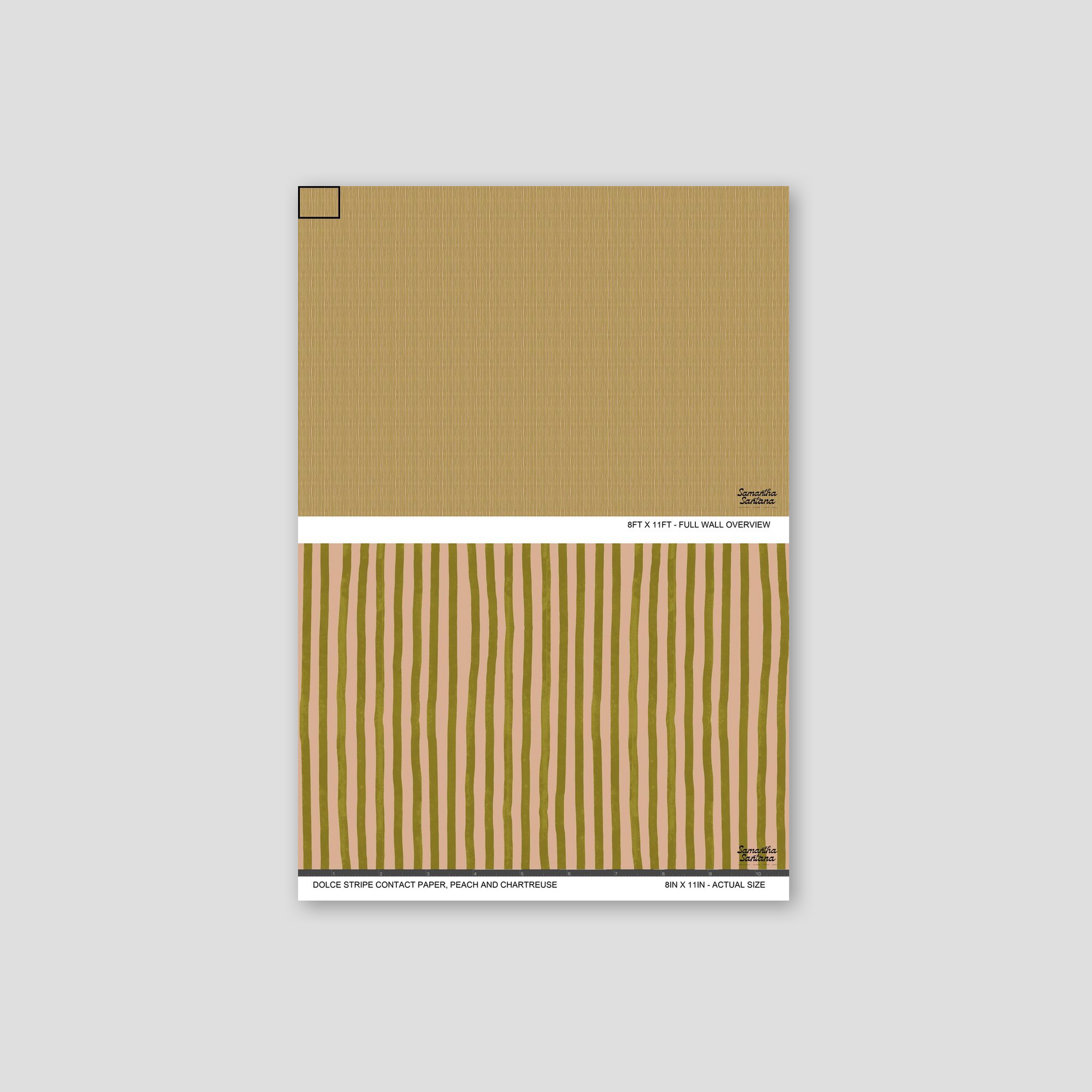 Peach and chartreuse striped contact paper, shelf liner sample with playful modern design.