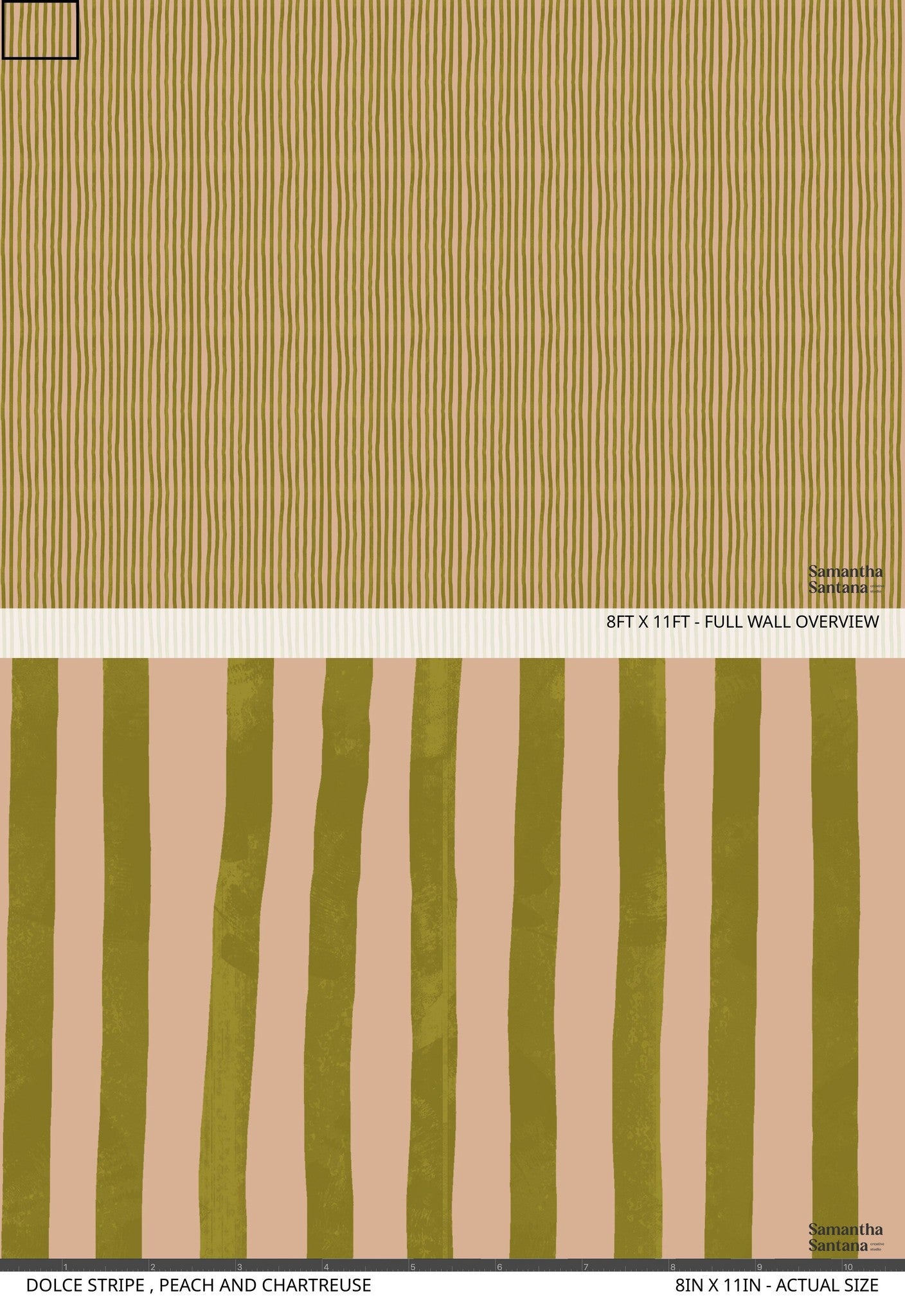 Peach and chartreuse striped wallpaper with organic pattern and warm tones.
