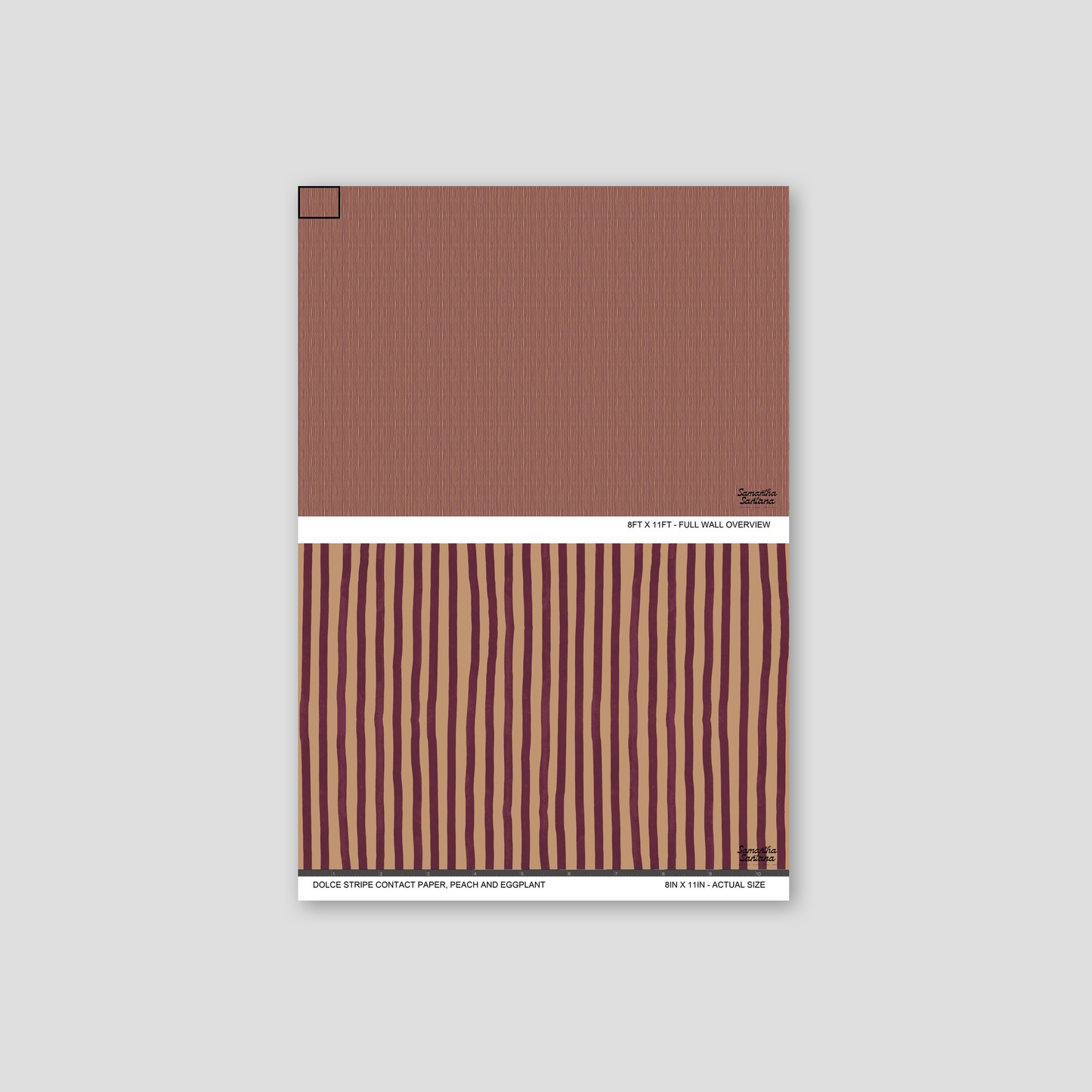 Peach and eggplant striped contact paper, shelf liner sample with textured design.