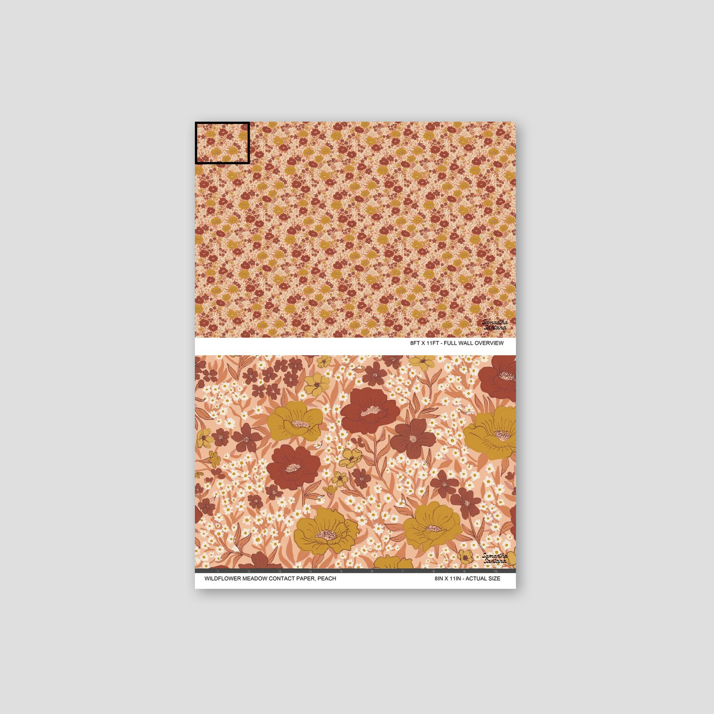 Peach floral contact paper, shelf liner with wildflower pattern in vintage style.