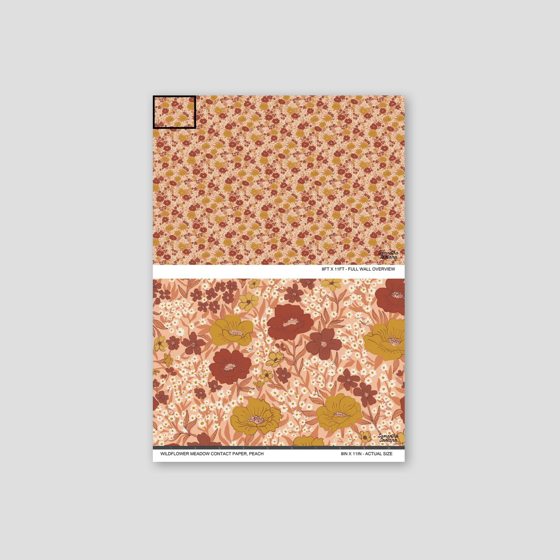 Peach floral contact paper, shelf liner with wildflower pattern in vintage style.