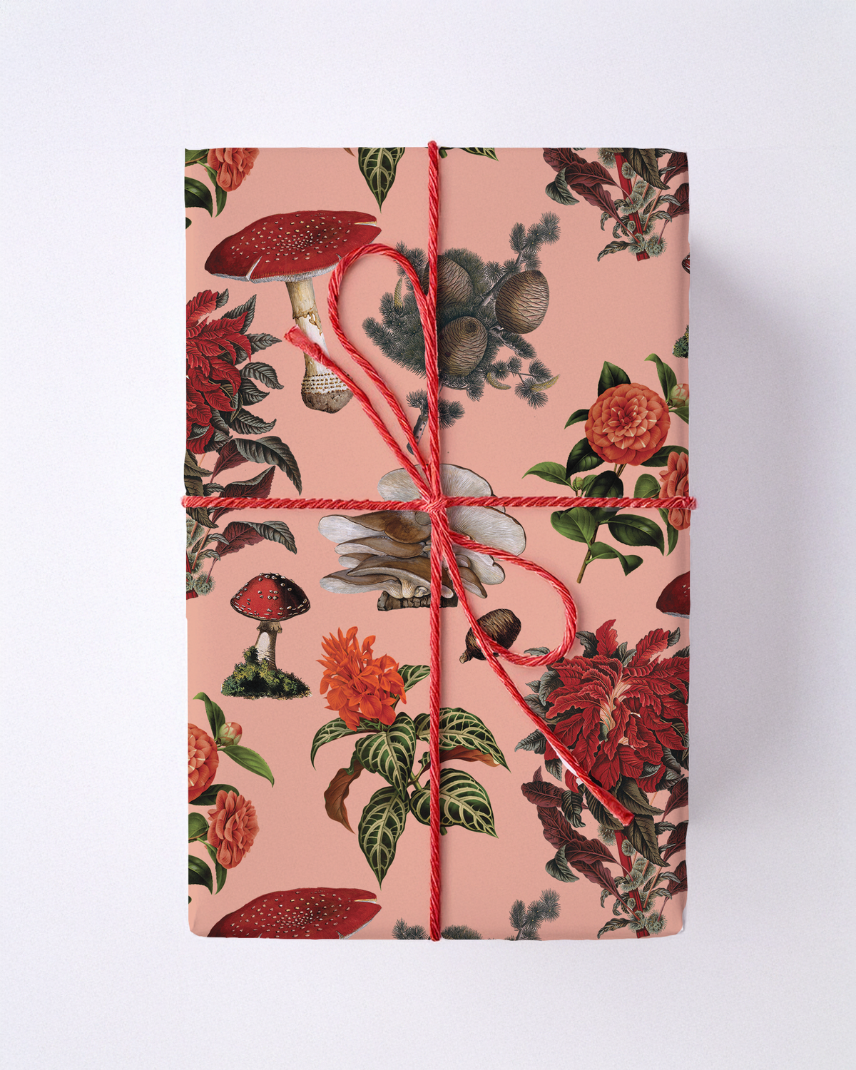 Peach wrapping paper with red floral and mushroom pattern tied with red string.