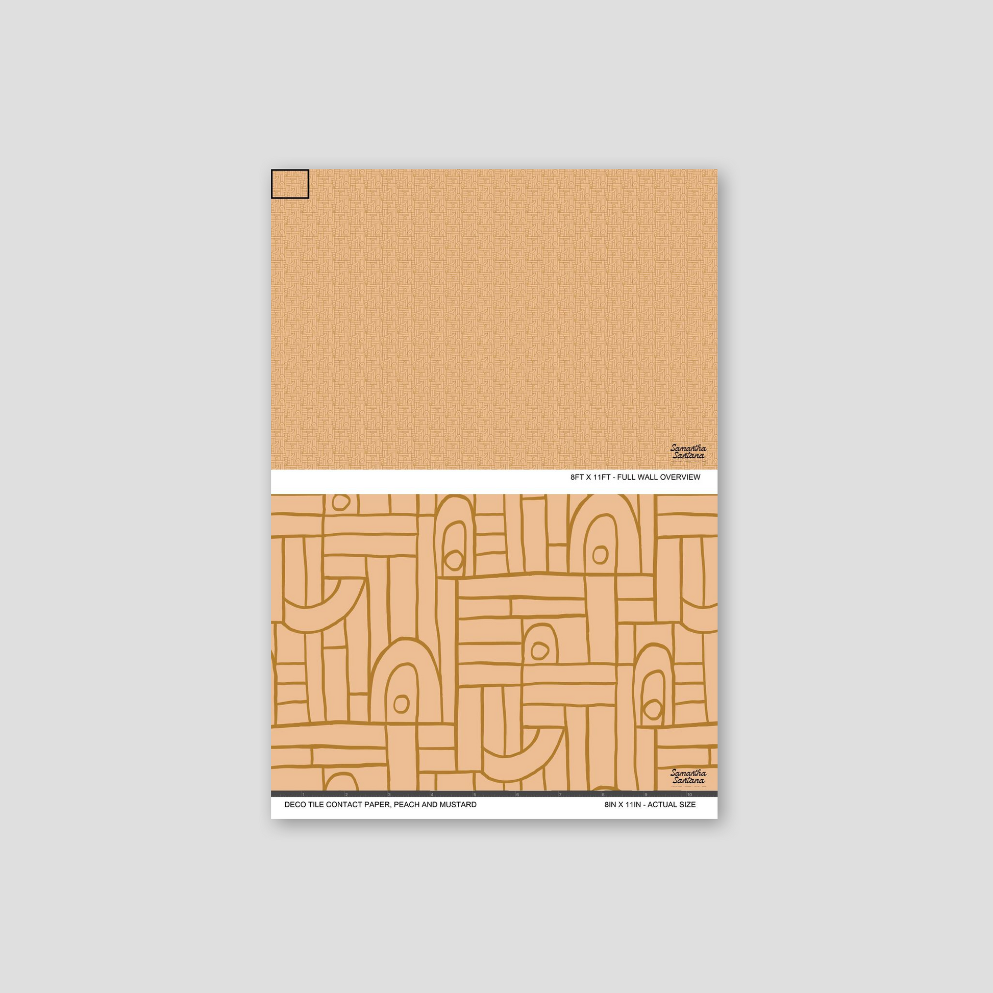Peach and mustard geometric contact paper, shelf liner with abstract shapes.